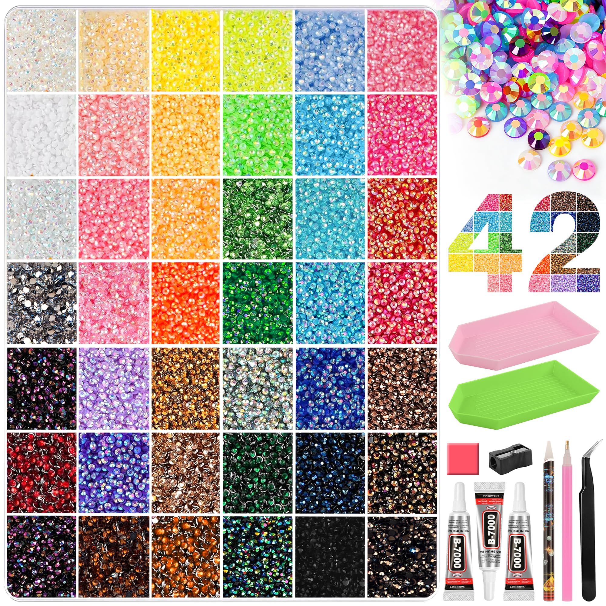 TORVEX Bedazzling Kit with Glue, 42 Colours 3mm Resin Rhinestones 42000 Pcs
