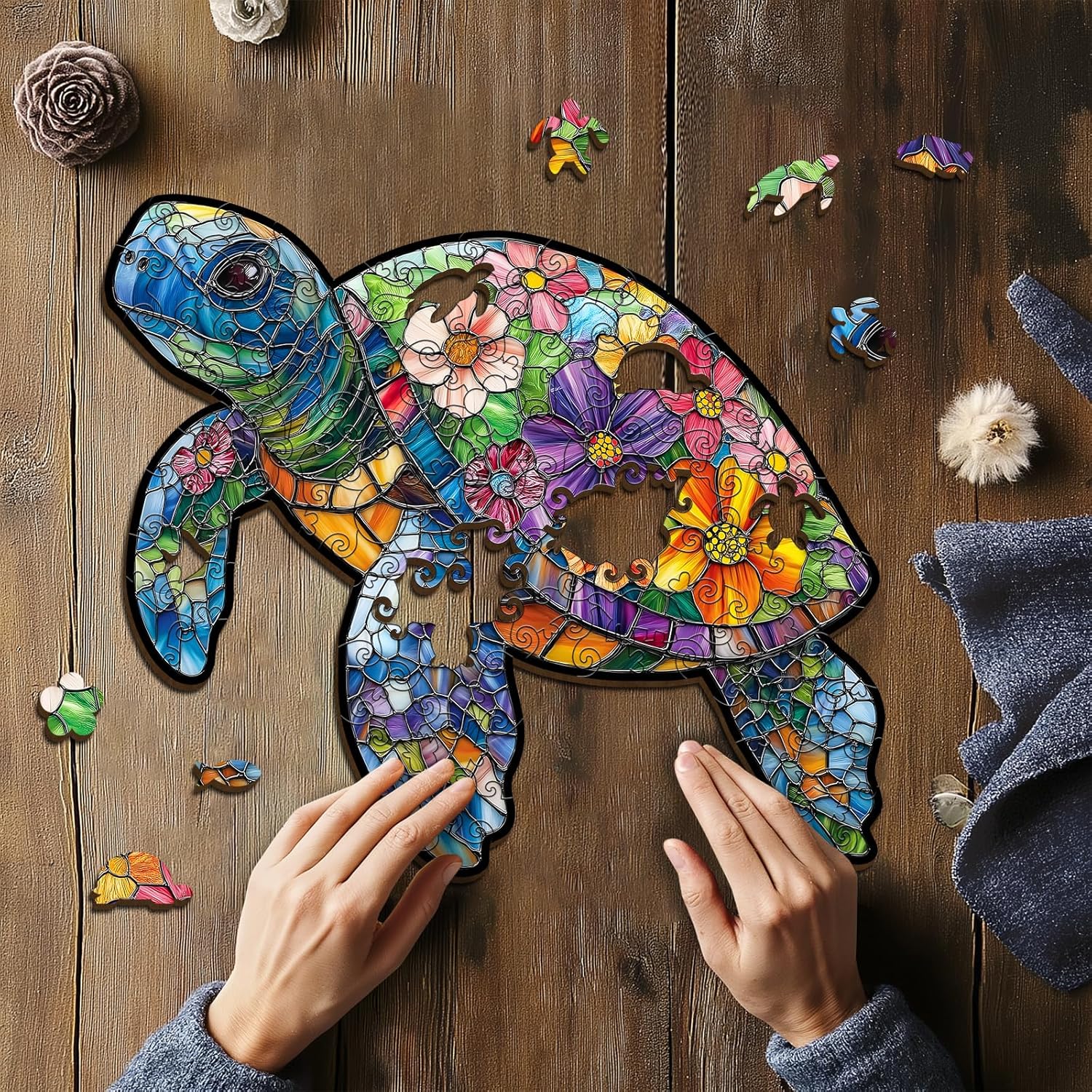 Wooden Turtle Puzzle for Adults Teens Kids, Stained Glass Jigsaw Puzzle 120 Pieces, Colorful Mosaic Sea Turtle Flower Wood Puzzles,Unique Animal Shape, Fun Challenging Family Games