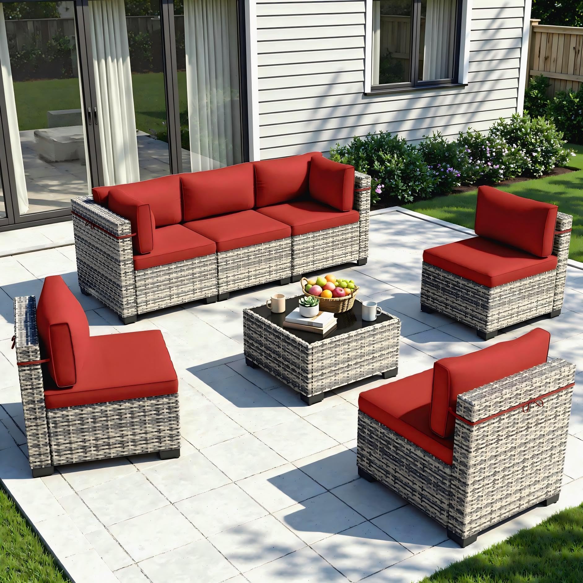 Sweecci 7-Piece Red Rattan Set