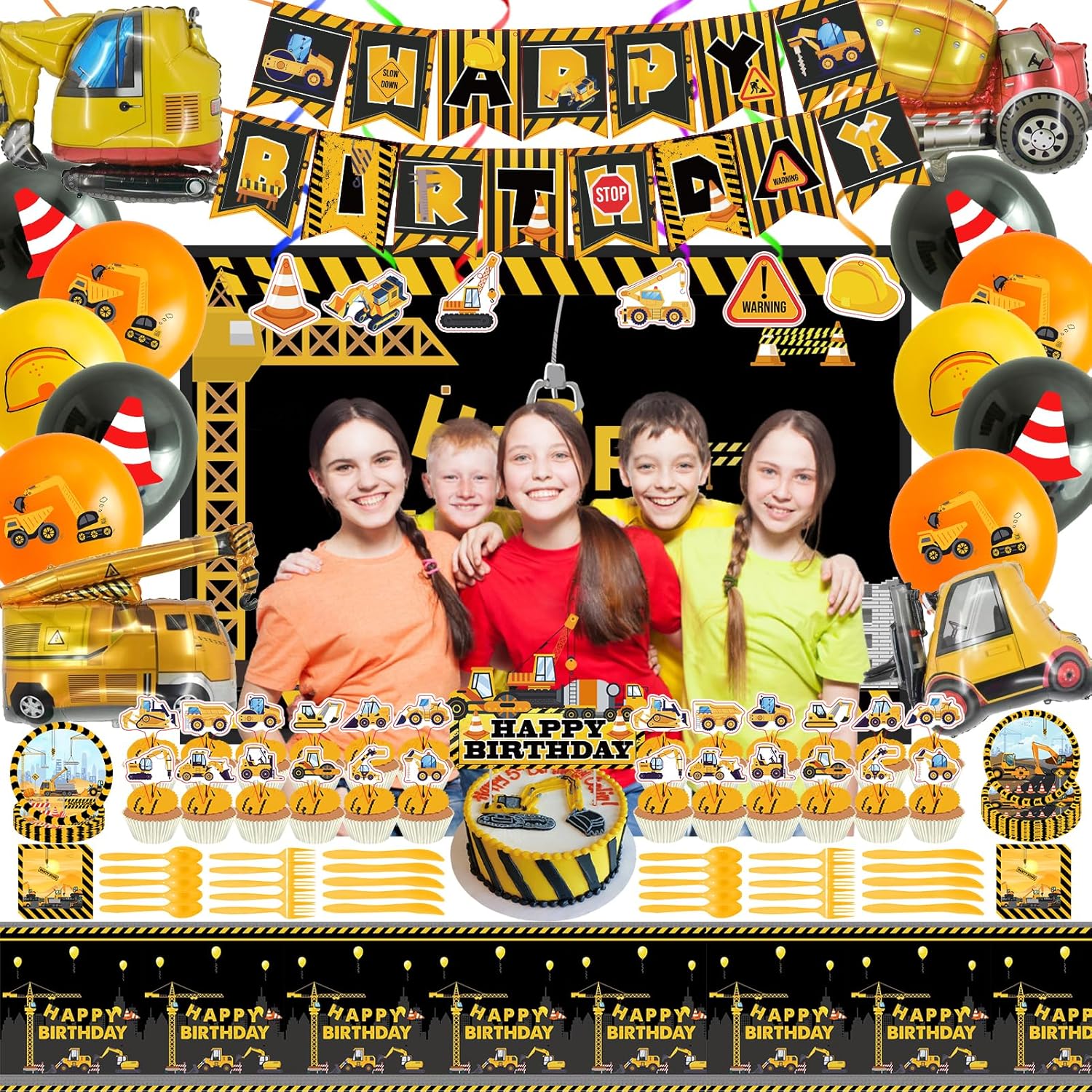 Construction Birthday Party Supplies, Dump Truck Party Decorations Include Happy Birthday Banner, Backdrop, Tableware Set, Tablecloth, Cake Toppers, Cupcake Toppers, Latex Balloons, Foil balloons