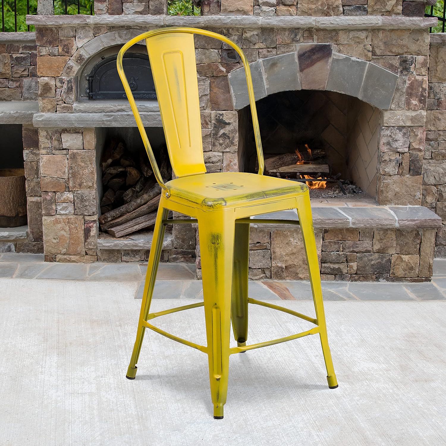 BizChair Commercial Grade 24"H Distressed Yellow Metal Indoor-Outdoor Counter Stool