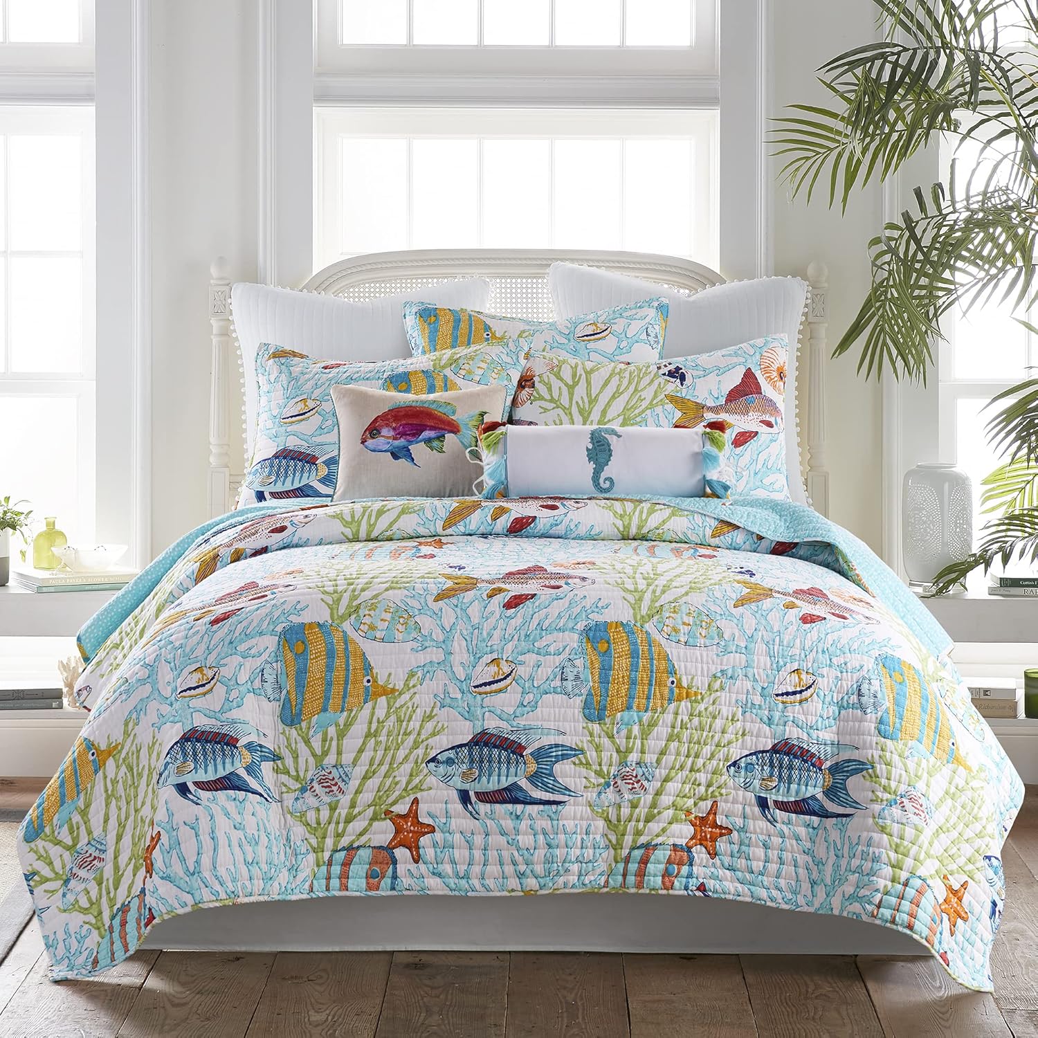 Levtex Home - Beachwalk - Throw - Fish and Coral - Teal Yellow Orange Red Green - Throw Size (50x60in.). - Cotton/Cotton
