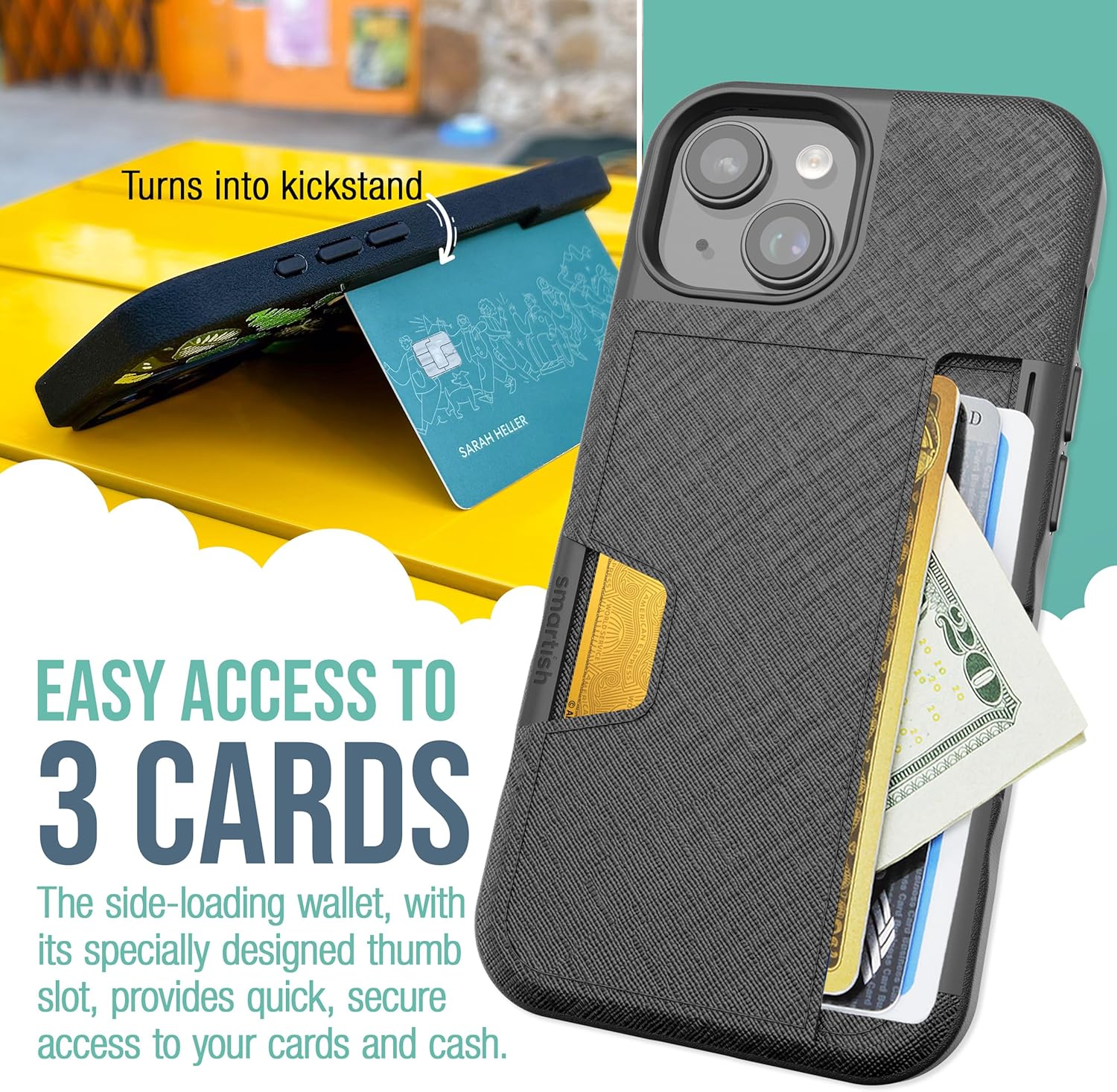 Smartish® iPhone 15 Pro Wallet Case - Wallet Slayer Vol. 2 [Slim + Protective] Credit Card Holder w/Kickstand - Drop Tested Hidden Card Slot Compatible w/Apple iPhone 15 Pro - Black Tie Affair