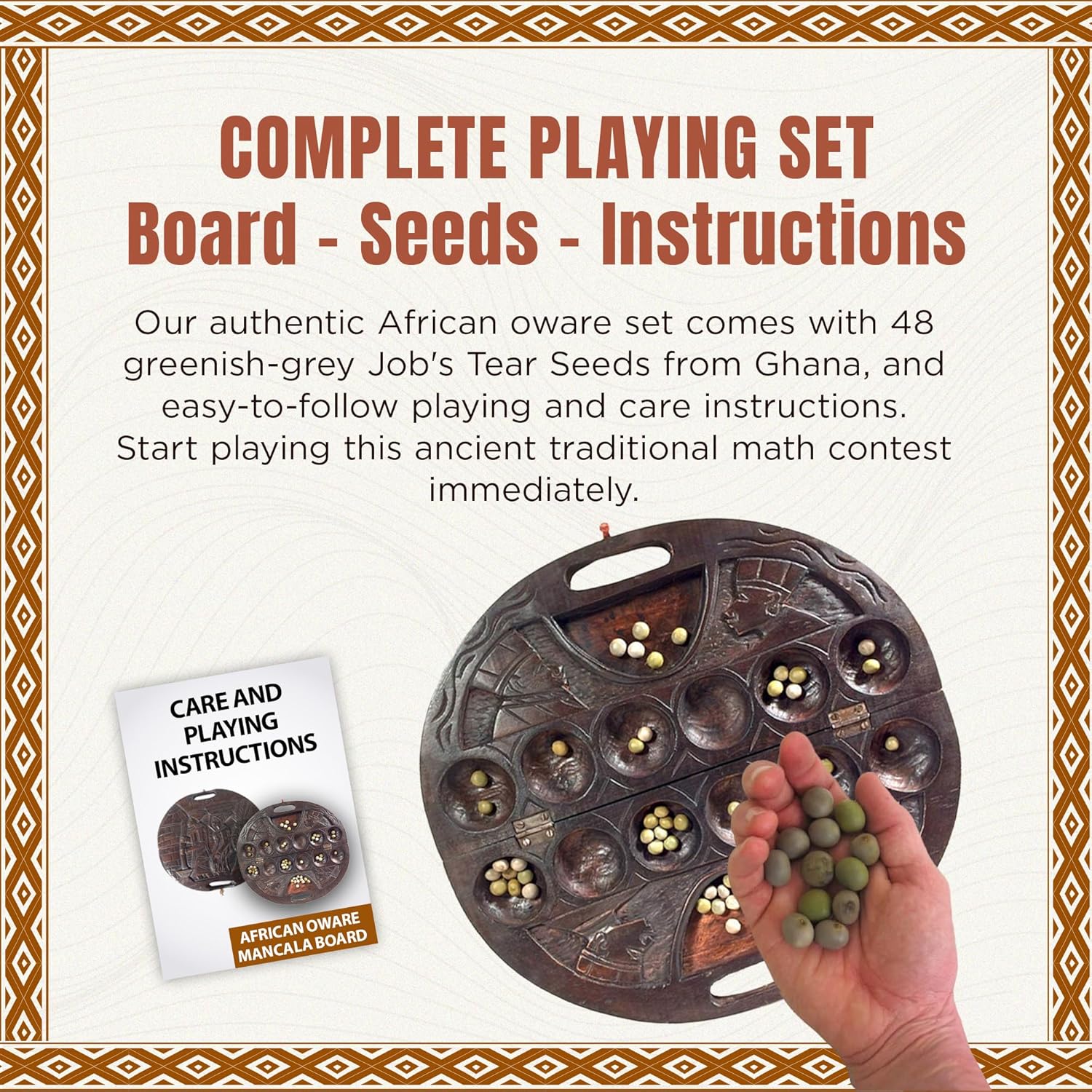 Africa Heartwood Project African Oware Mancala Board - Deluxe Circular Shape with Handle, Hand-Carved, Solid Wood with Detailed Designs, Wooden Folding, 48 Seeds and Instructions Included