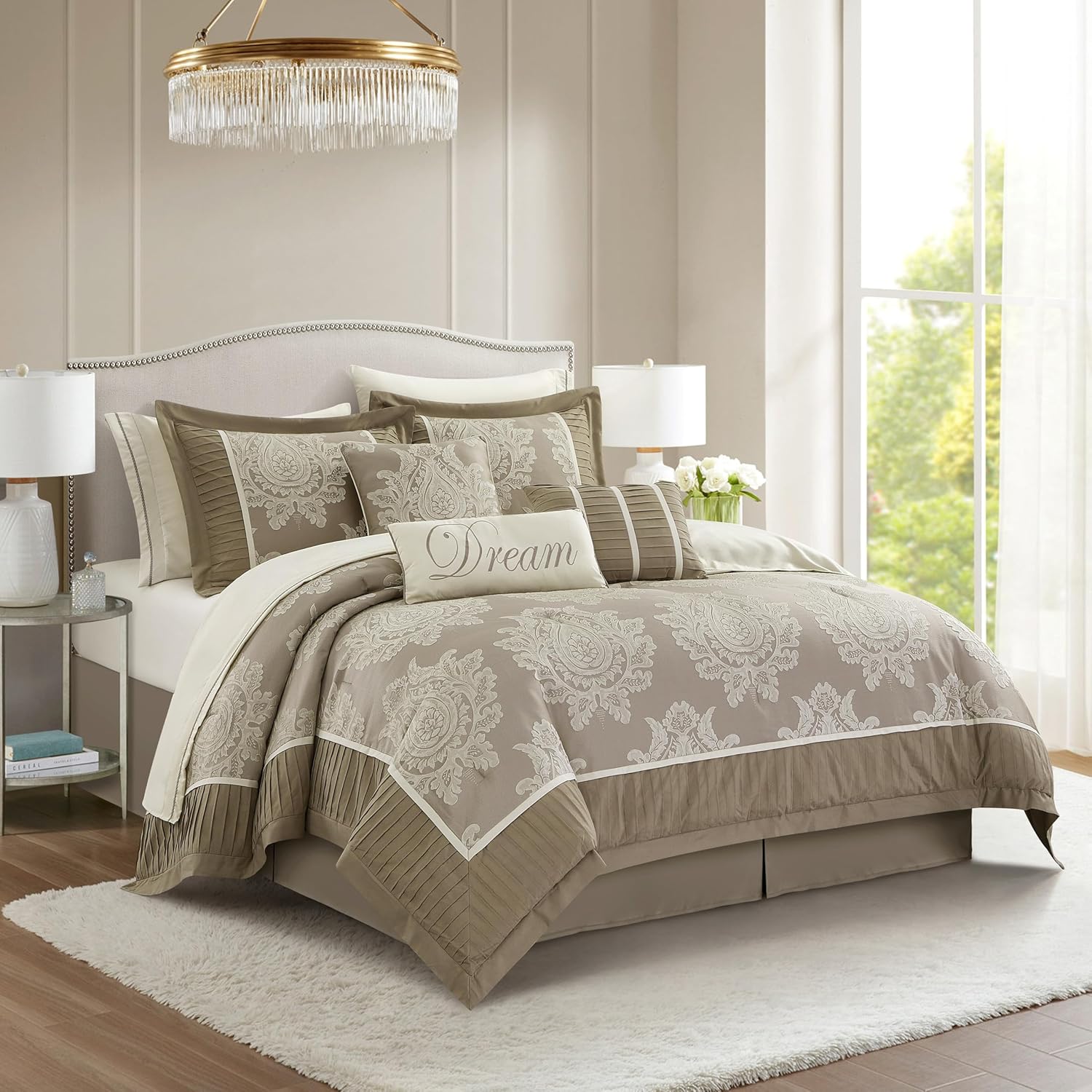 Grand Avenue Beige Comforter Set Queen, Elegant Patchwork Damask Jacquard Bedding Set, 15 Pieces Room in a Bag, Matching Bedskirt, Flat Sheet, Fitted Sheet, Pillow Shams, Curtains