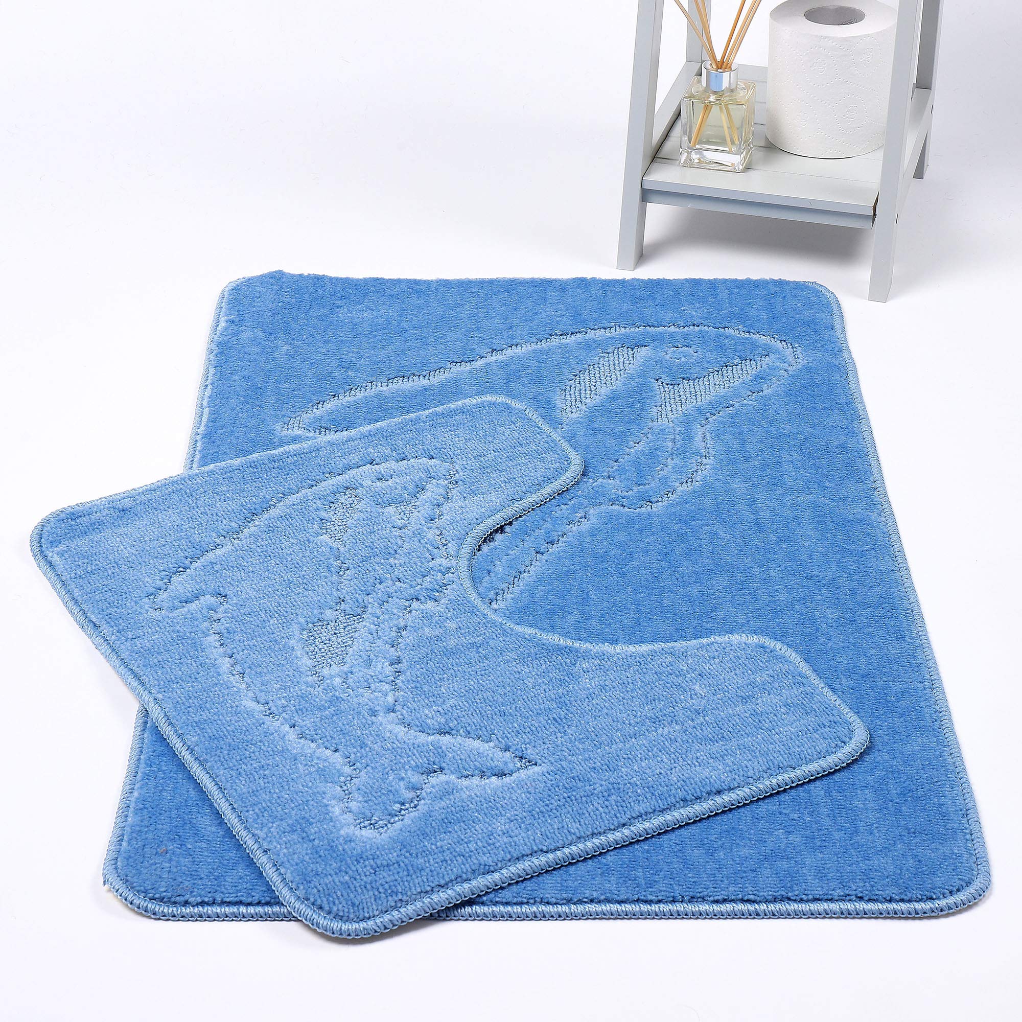 Papa Jones Ltd Bath Mat & Pedestal Mat Dolphin 2 Piece Sets Bathroom Rugs U-Shaped Contour Toilet Mat Plush Non-slip Antibacterial Rubber Back Mats (Light Blue)