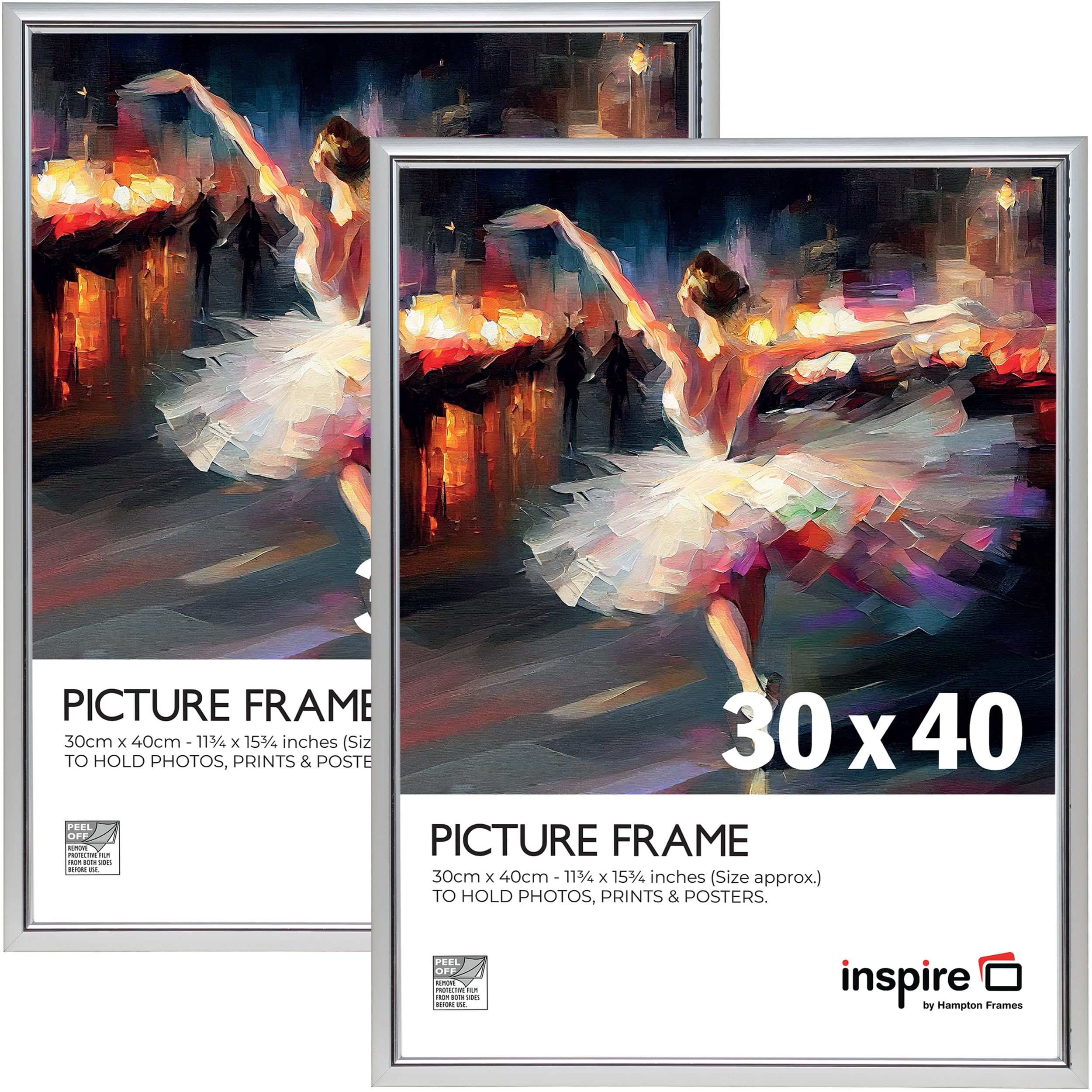 Inspire By Hampton Frames Silver | Picture Poster Frames | 30X40cm, Pack Of 2, Plastic, Foil Wrapped | Acrylic Front, Wall Mount, Drop-In Back | Modern Display For Photos, Certificates