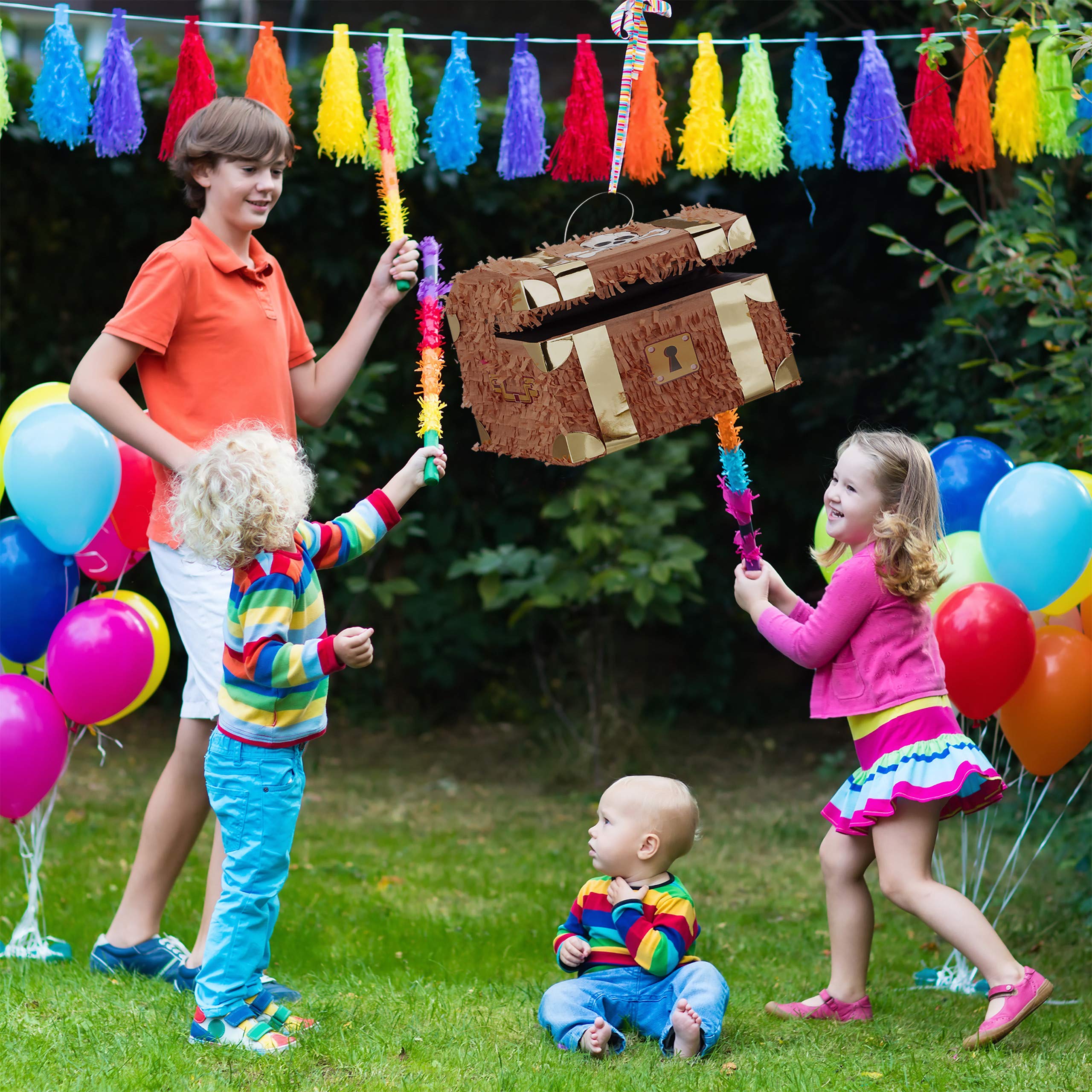 Relaxdays 3-częściowy zestaw Pinata Skrzynka na skarby, z prętem Pinata i maską na oczy, dla dzieci, na urodziny, do samodzielnego napełniania, piñata, kolorowa