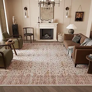 Vintage 8x10 Washable Area Rug, Low-Profile Large Area Rug with Non-Slip Backing & Durable Edge Binding, Pet-Friendly Carpet, Large Rug for Living Room, Bedroom, Dinning Room