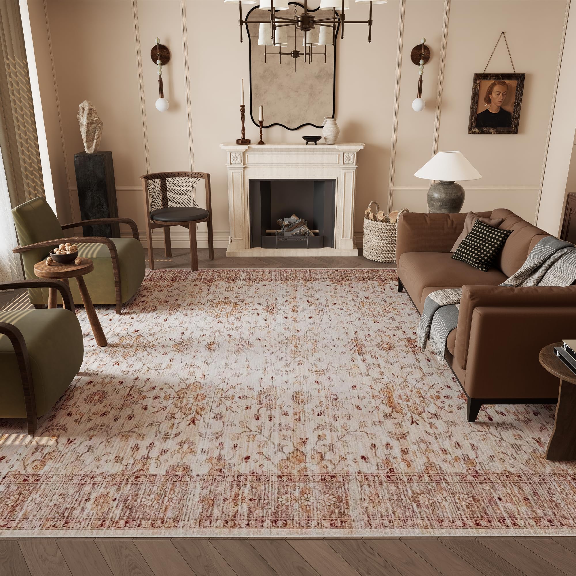 Retro Small Seal Beige Carpet 9x12 Area Rug, Boho Rug for Living Room Bedroom Beige/Orange