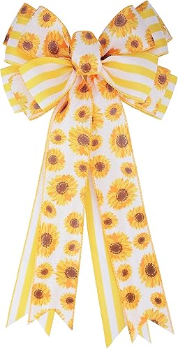 Arco de arpillera de girasol más grande con rayas amarillas y blancas para envolver regalos, verano, otoño, decoración de árbol de Navidad,