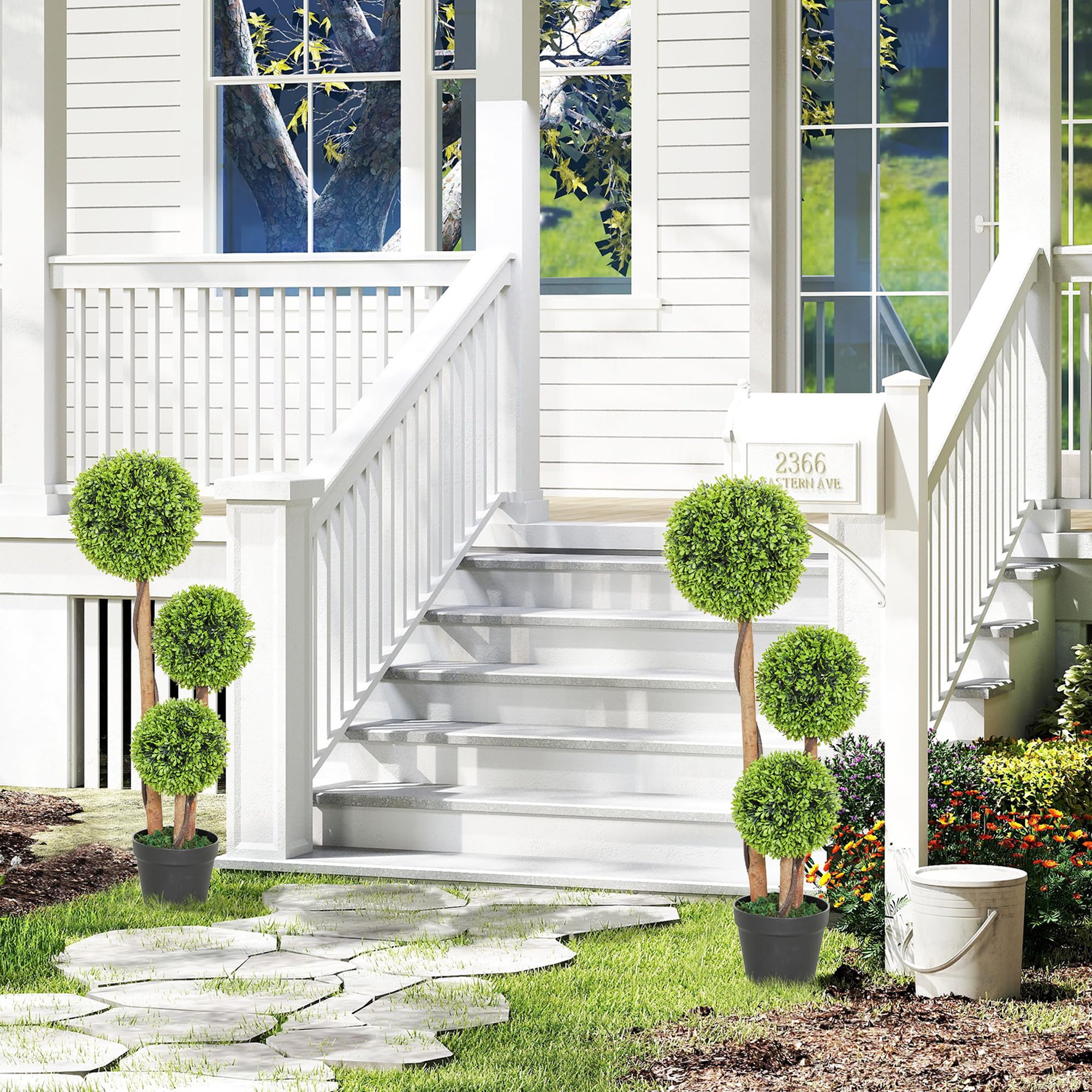 HOMCOM Set di 2 Piante di Bosso Artificiale a 3 Sfere, Piante Finte con Vaso Incluso e Fondo Rinforzato, Altezza 90 cm, per Interno ed Esterno, Giardino, Ufficio, Soggiorno