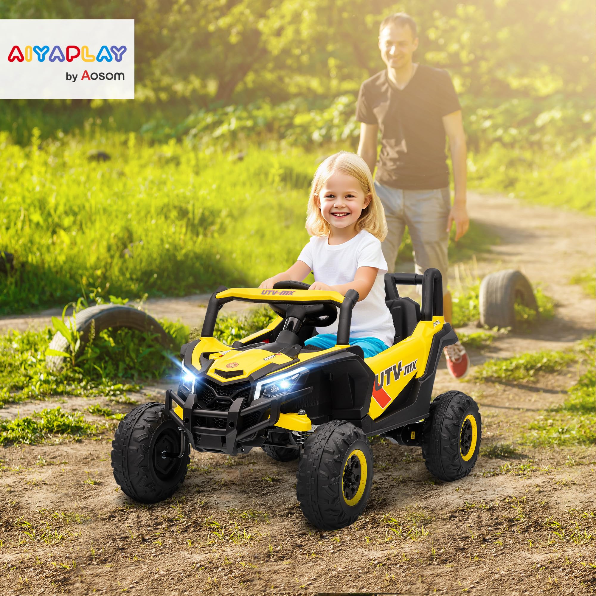 AIYAPLAY Auto elettrica per bambini UTV 12 V, buggy elettrico per bambini con telecomando 2,4G, avviamento lento, sistema di sospensione, luci, musica, porta USB, per ragazzi e ragazze 3-5 anni