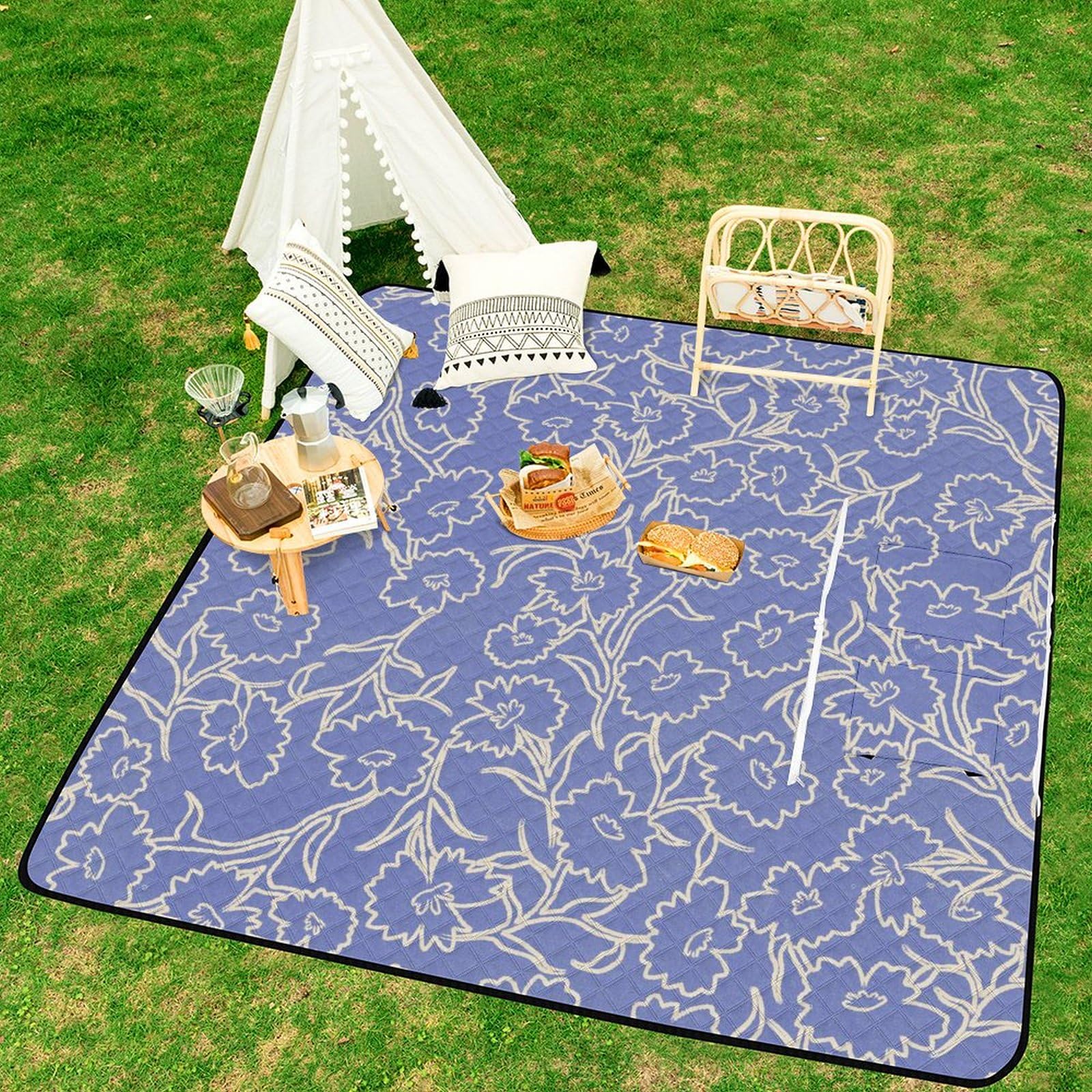 3D Impression Repeat Fleurs Blue Couverture Pique Nique Tapis Pique Nique Nappe Picnic Couverture De Pique-Nique pour Le Voyage, Le Camping, Les Vacances, Etc 200x200cm