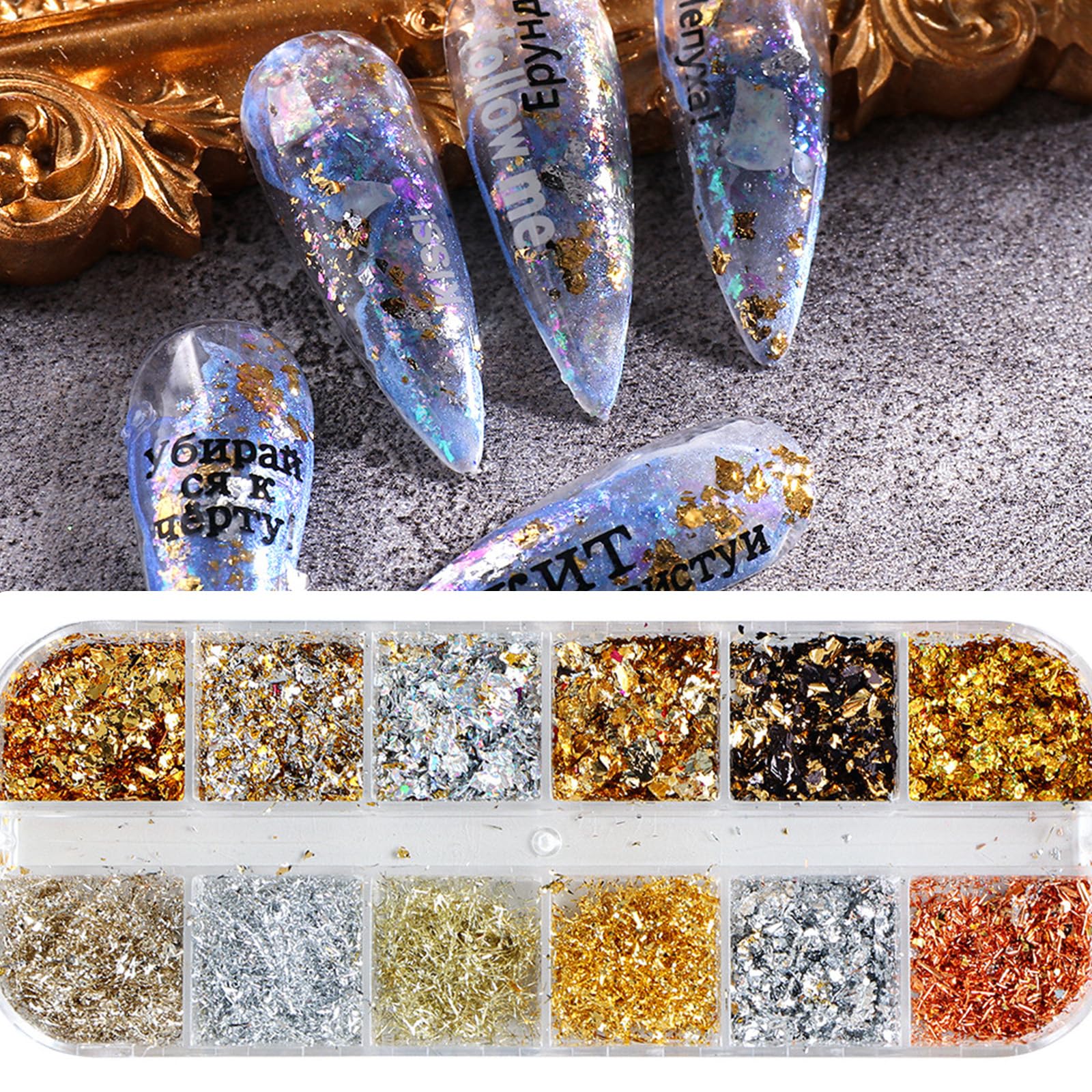 Yamobi Feuille d'or à ongles avec paillettes, 12 boîtes, pour nail art fait maison et poudre, décorations pour manucure fait maison