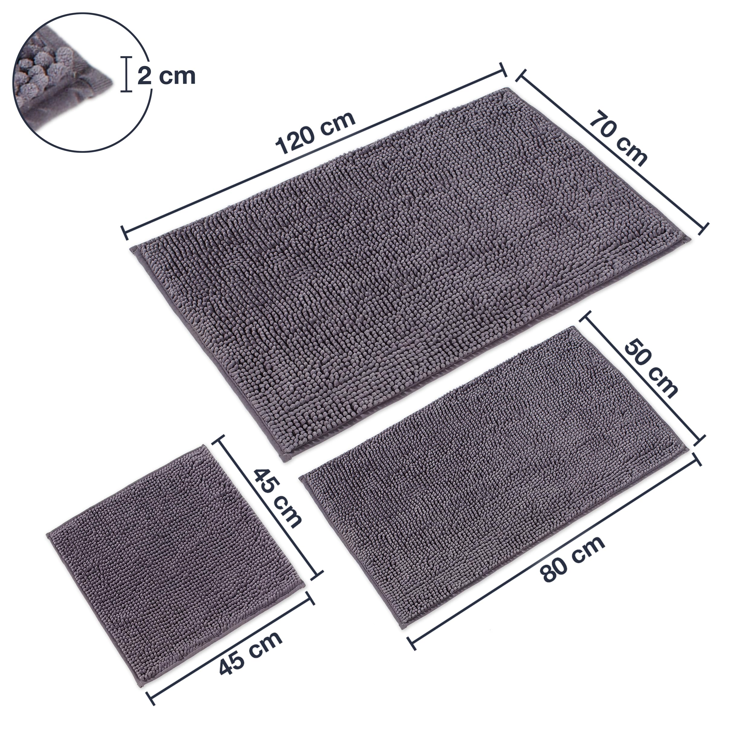 WohnDirect Zestaw mat łazienkowych 3-częściowy 70x120+50x80+45x45 szary