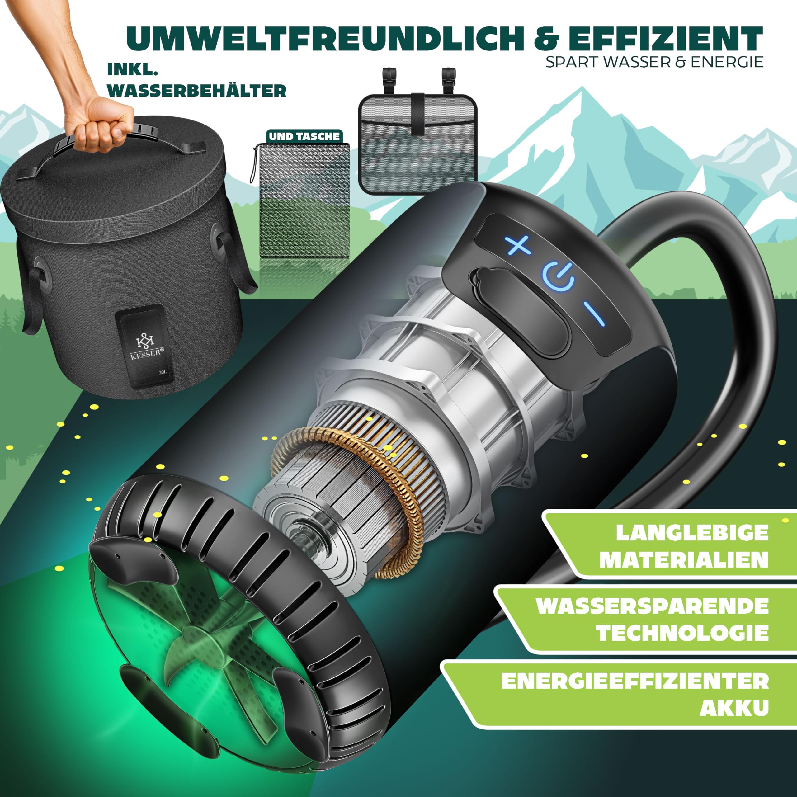 KESSER® Doccia solare da campeggio con pompa e batteria ricaricabile da 4000 mAh, set doccia da campeggio con soffione doccia regolabile, tubo da 2 m, pistola a spruzzo e supporto
