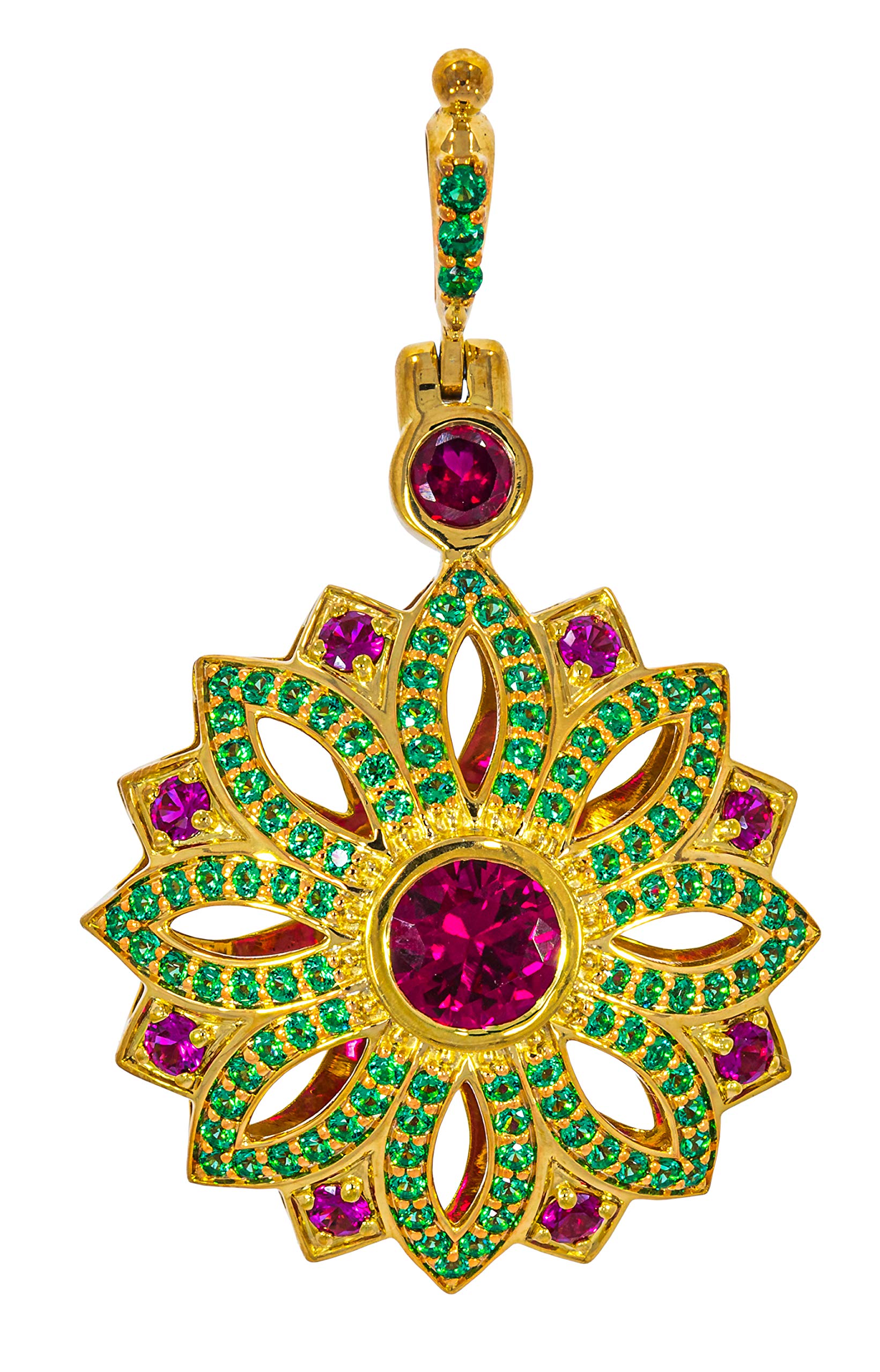 ETHNIQ22K Gold Plated Fashion Pendant with Chain and Created Ruby with Emeralds CZ Length 45 cm