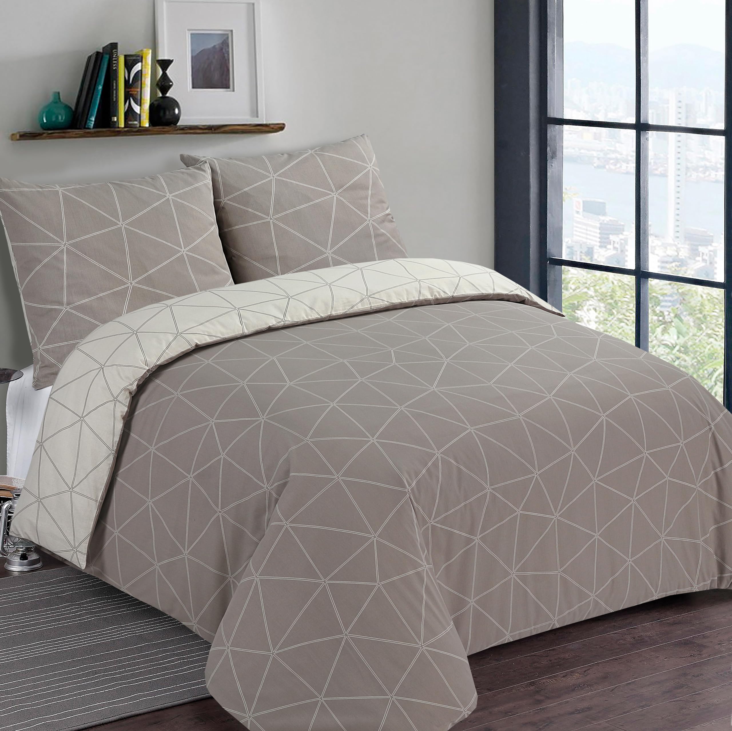 VISION Hugo Reversible Duvet Cover 240 x 220 cm with 2 Pillowcases 65 x 65 cm, Beige OEKO-TEX STANDARD 100