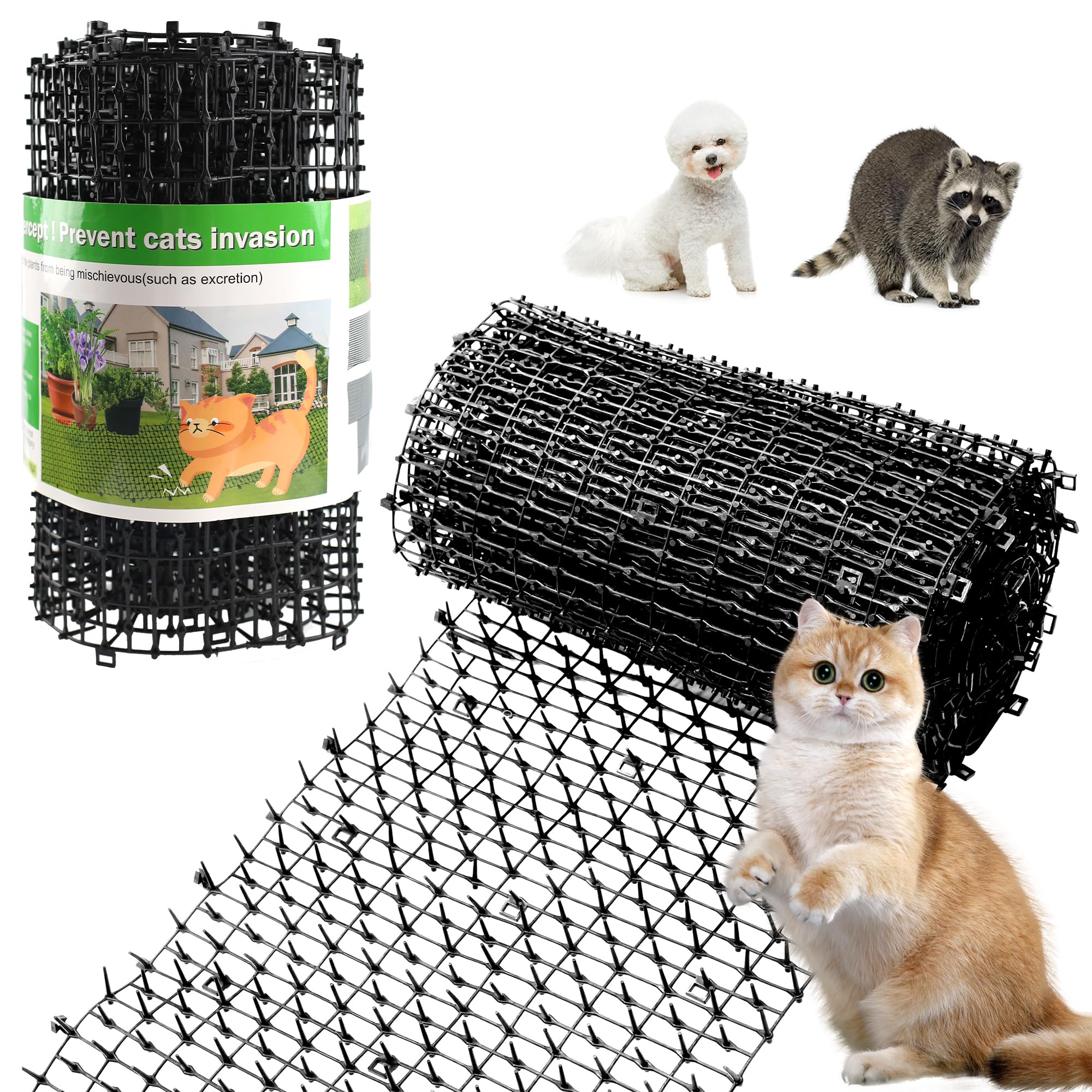 Kokmeya Pet Repellent Mat, Black, 6.5 feet with 8 Ground Stakes 8 Zip Tie, Cat Repellent Mat with Gentle Spikes for Garden/Backyard, Dog and Raccoon