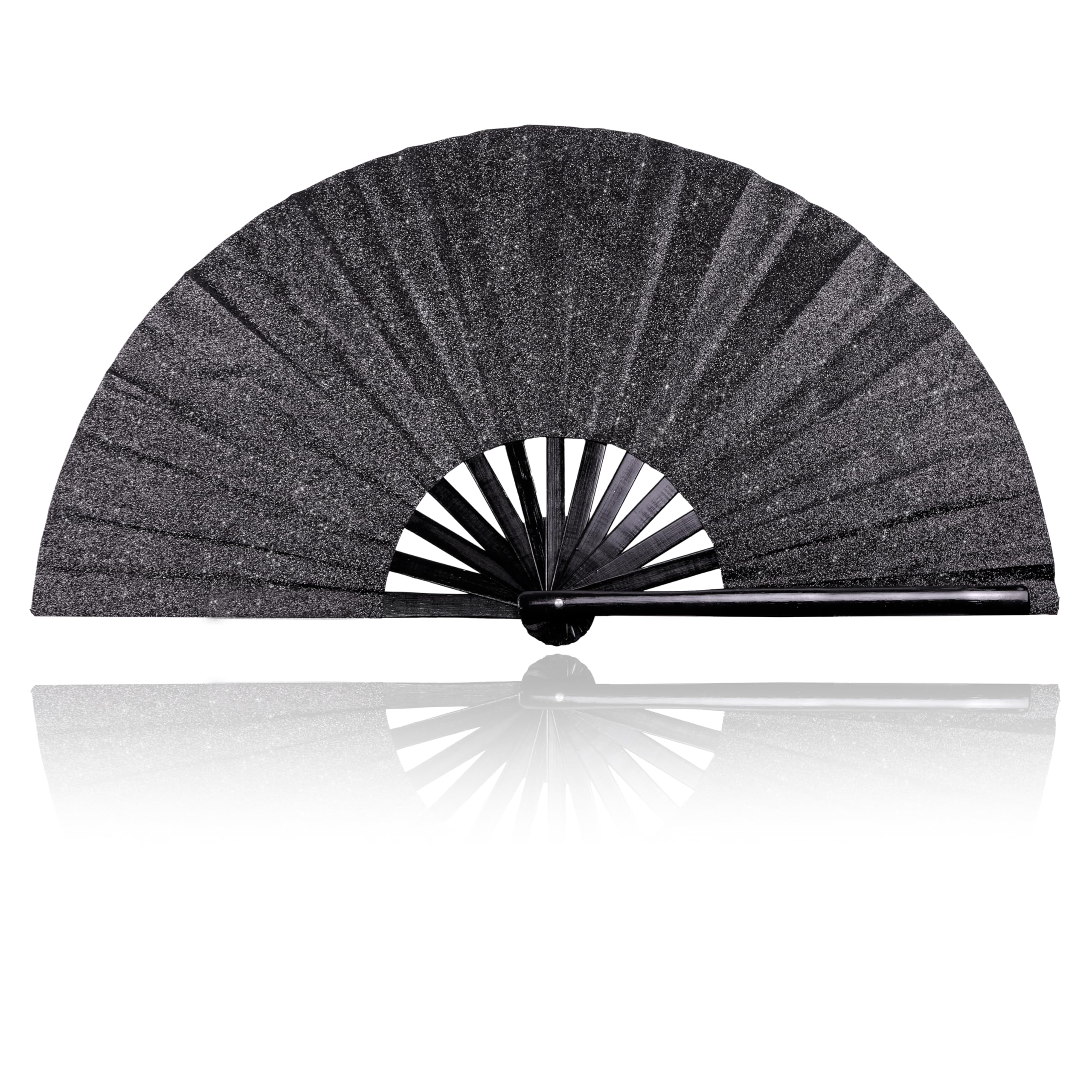 TUZOKNI Large Hand Fan Folding Rave Fans(Black) -Premium Glitter Fabric & Portable Bamboo Frame for Line Dancing,EDM Festivals Gift,Club Parties,Kung Fu