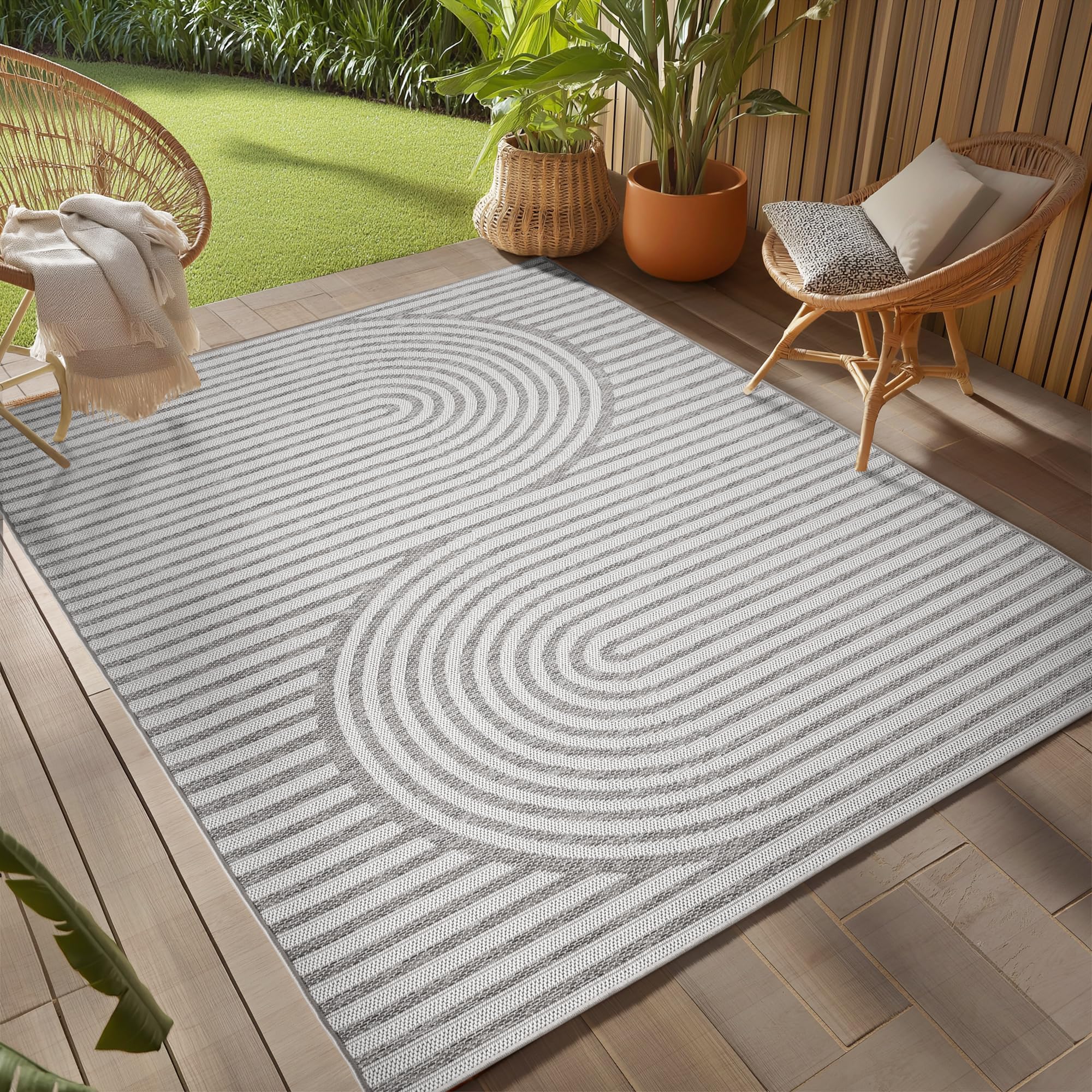 Teppium Outdoor Teppich Beige, Wetterfest & UV-beständig, ideal für Küche, Balkon, Terrasse auch Wohnzimmer und Esszimmer, Skandinavisches Boho-Design