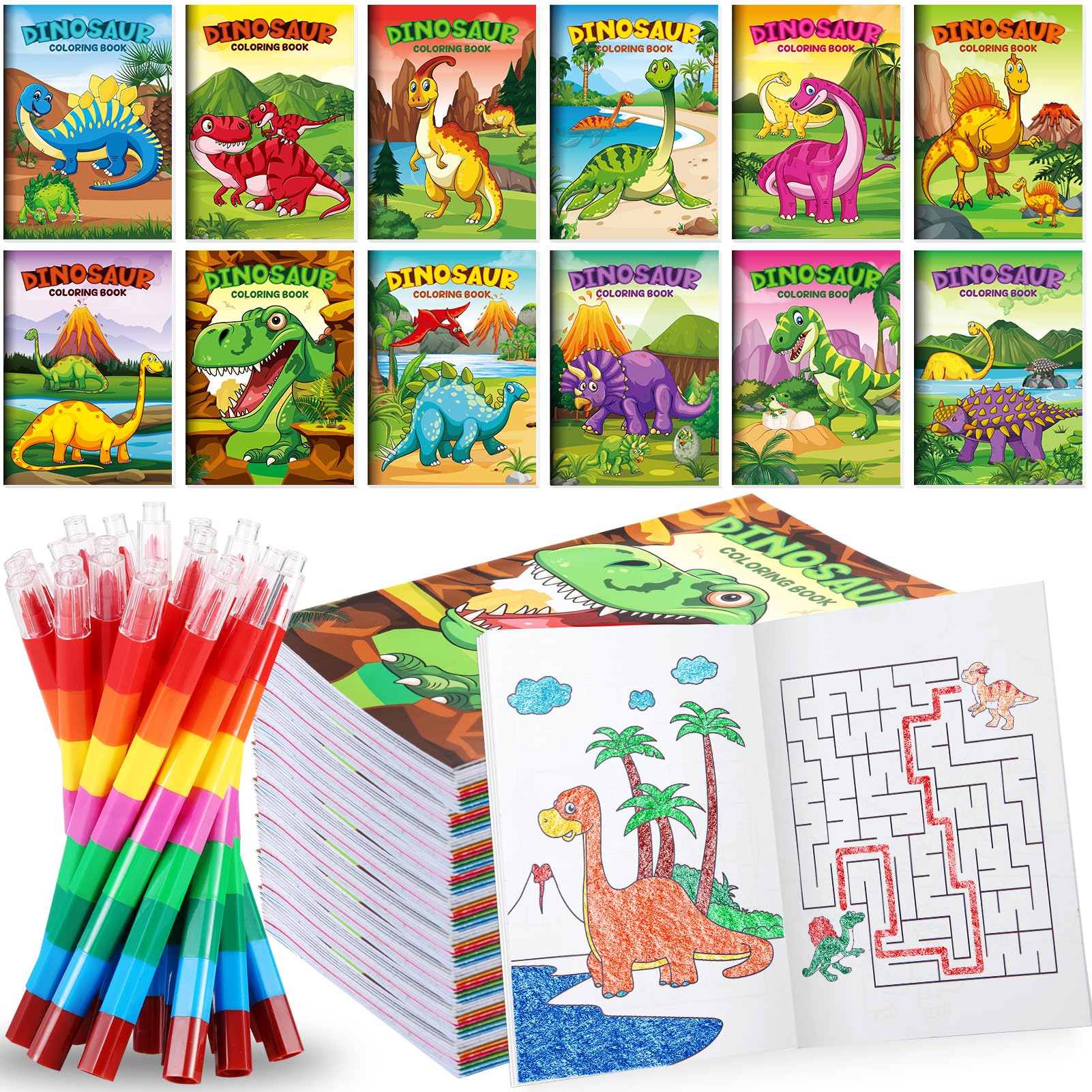 BenLouis 12 mini libri da colorare con dinosauri per bambini con 12 pastelli impilabili Dino bomboniere piccoli libri di attività per bambini regalo per feste giurassiche regalo Goodie Bag Stuffers