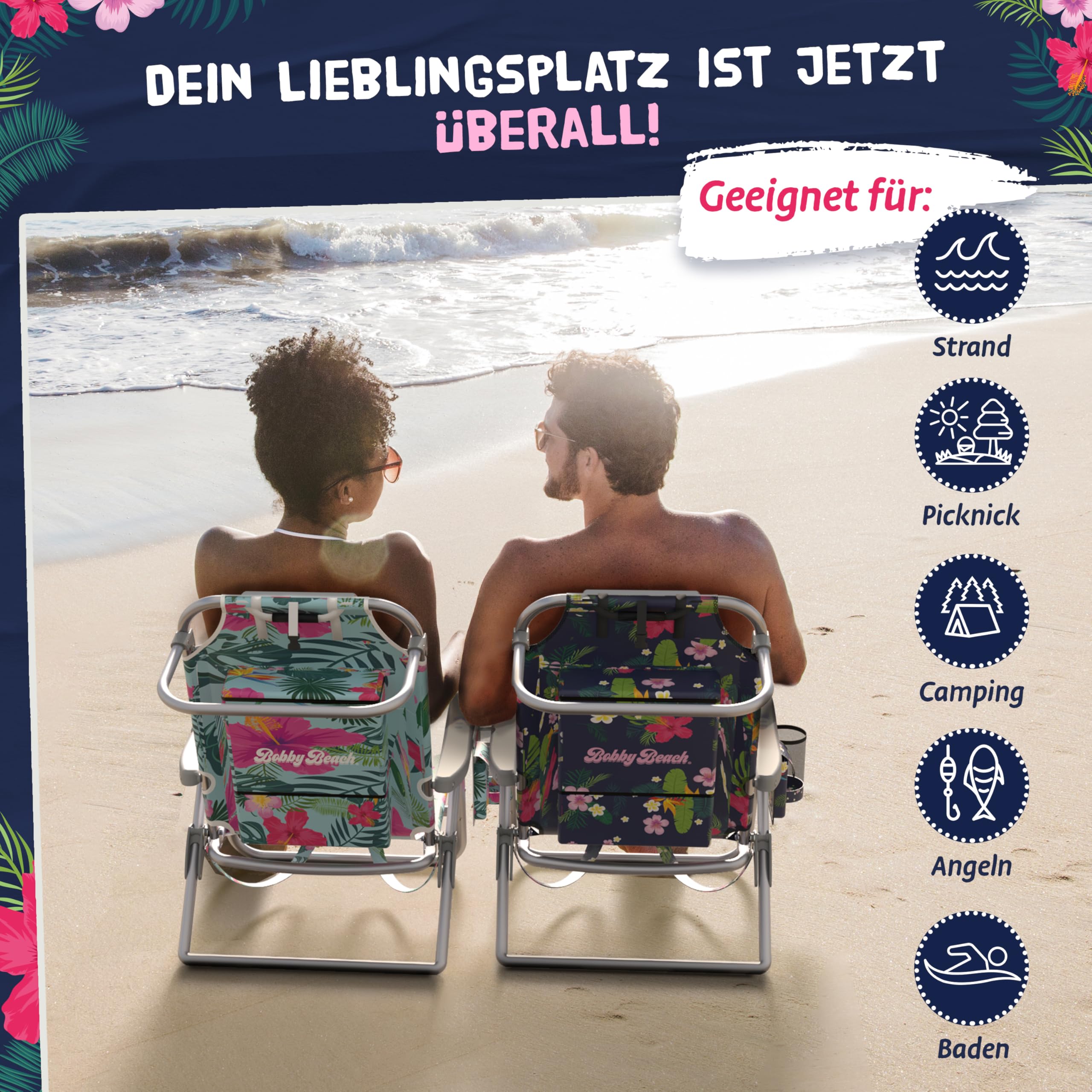 Bobby Beach Strandstuhl | Klappstuhl & Strandliege klappbar leicht als Rucksack zu tragen | Campingstuhl faltbar mit Getränkehalter & Taschen | Liege & Liegestuhl klappbar (Strandstuhl, Aqua Blue)