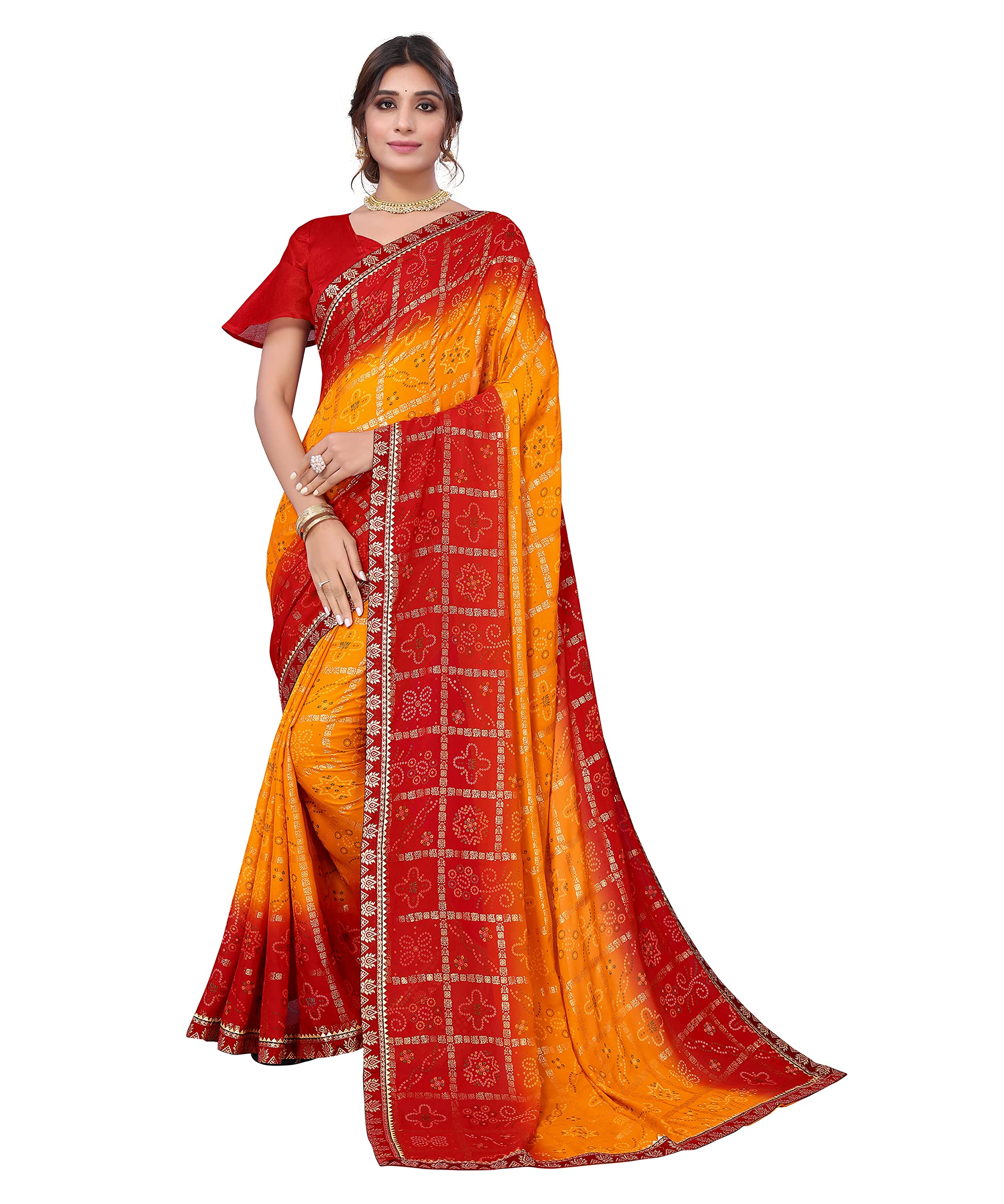 YashikaWomen's Georgette Foil Printed Saree With Blouse Piece, Yellow-Red01, One Size