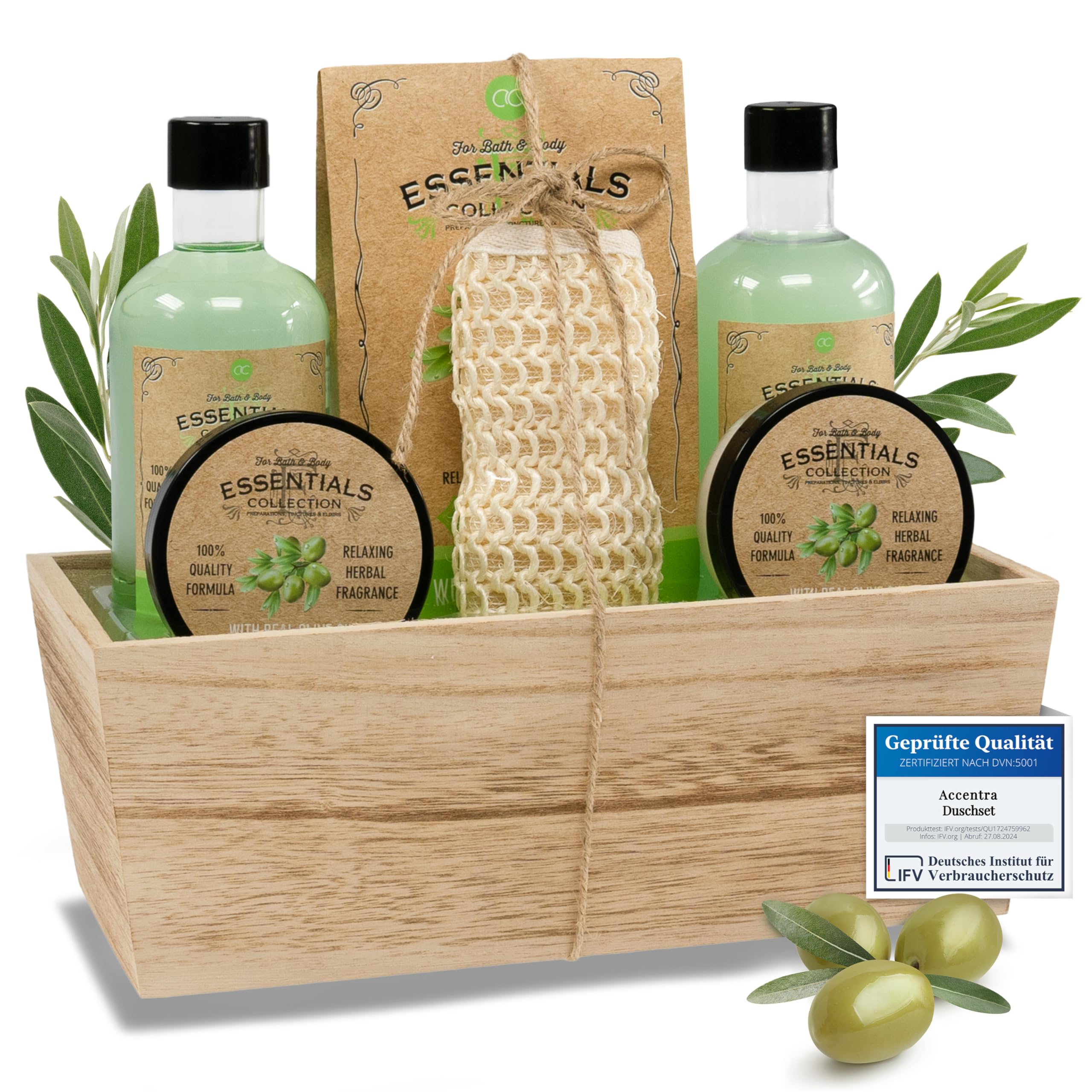 Accentra–Duschset Frauen Geschenkset OLIVE im Holzkorb–6-teiliges Pflegeset mit Duschgel, Schaumbad, Badesalz, Bodylotion & mehr–Wellness Geschenk Set zum Geburtstag, Valentinstag & Muttertag