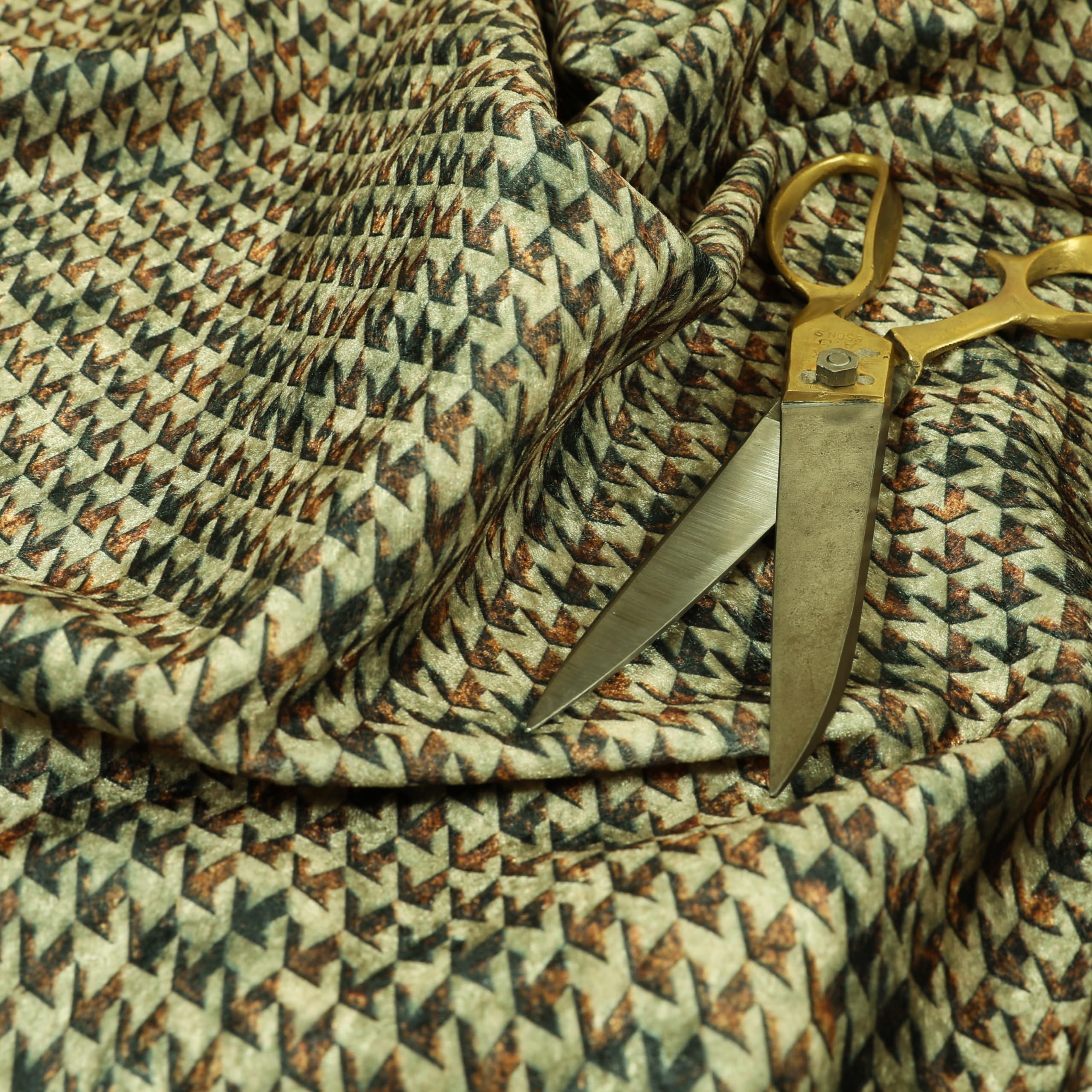 Redbrick Mill Fabrics Flame Retardant Brown Gold Houndstooth Geometric Pattern Shiny Velvet Curtain Upholstery Fabrics (1 Metre)