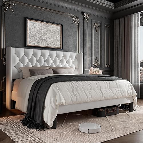 Miniatura 8 de Base de cama tamaño Queen con cabecera capitoné con botones, plataforma tapizada con almacenamiento debajo de la cama, soportes de listones de Gris