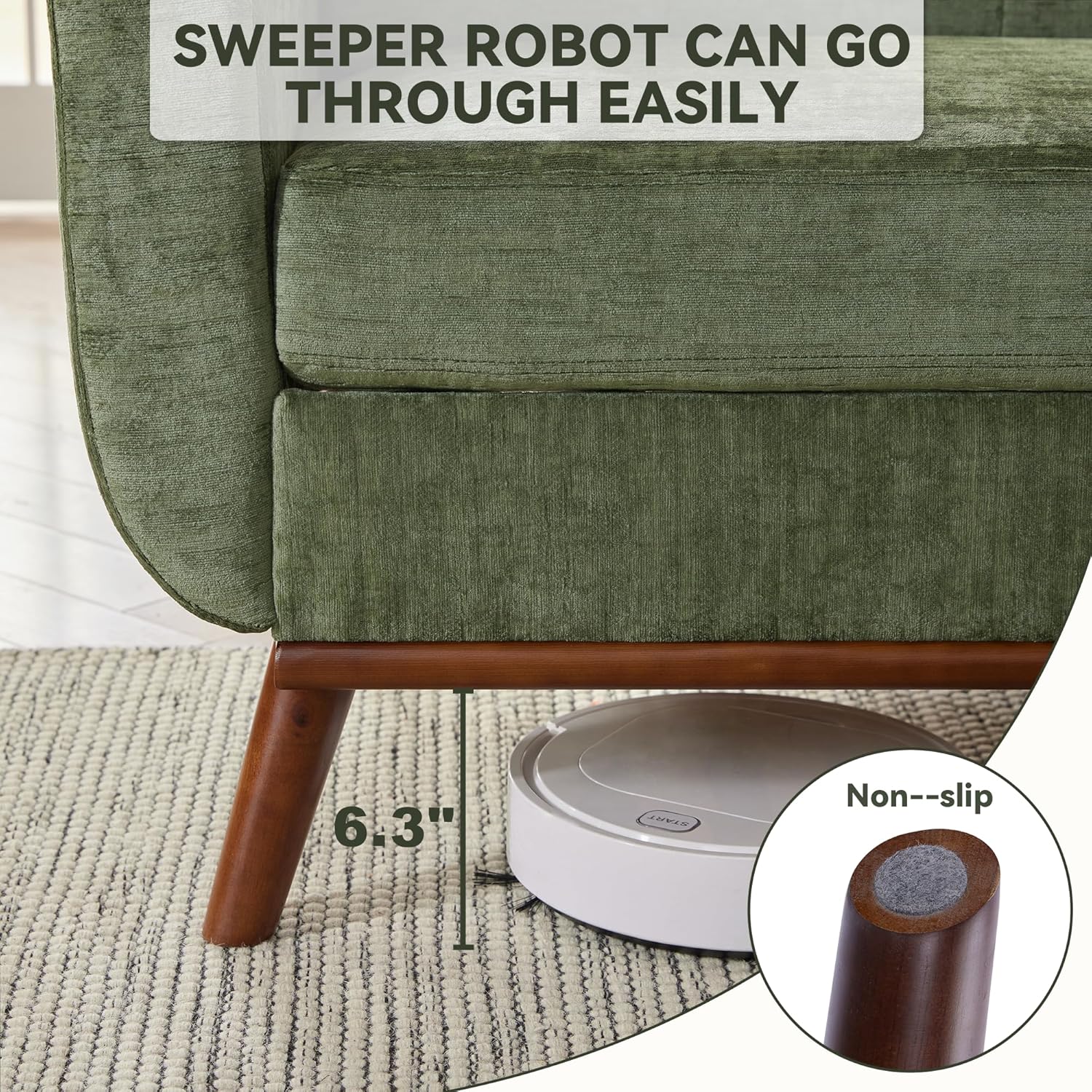 Robot vacuum cleaner passing under the loveseat, showing 6.3 inch clearance