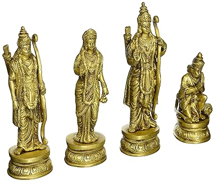 Red Bag Brass Ram Durbar Sculptures, Ram - Ht 9 Inch, Sita - Ht 8.50 Inch, Laxman - Ht 8.75 Inch, Hanuman - Ht 6 Inch, Gold.