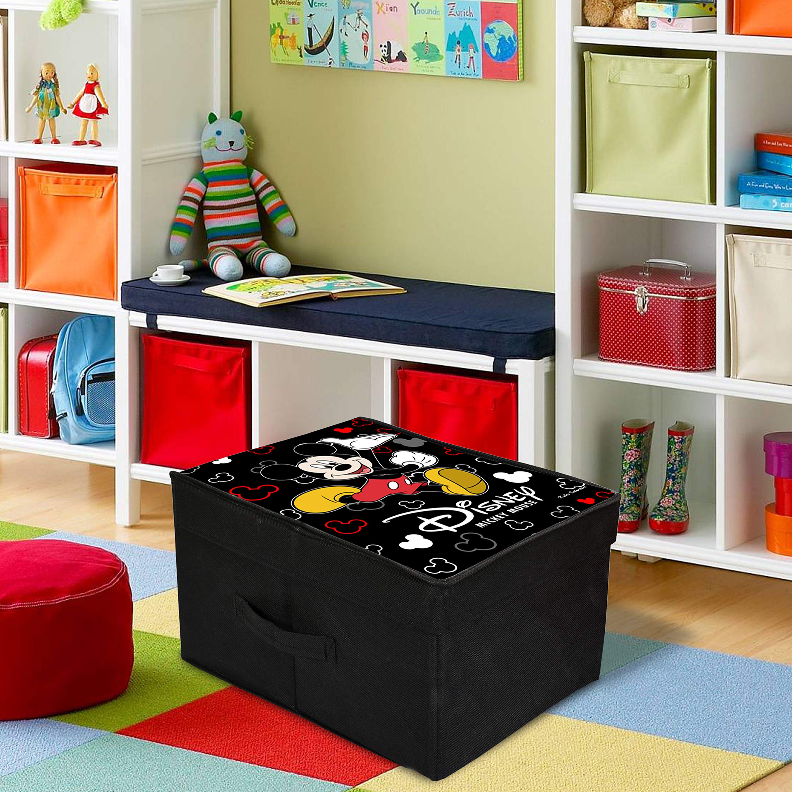 Kuber Industries Disney Mickey Mouse Print Non Woven Fabric Foldable Cloth Storage Wardrobe Organiser Box with Lid, Extra Large (Black)-KUBMART3465