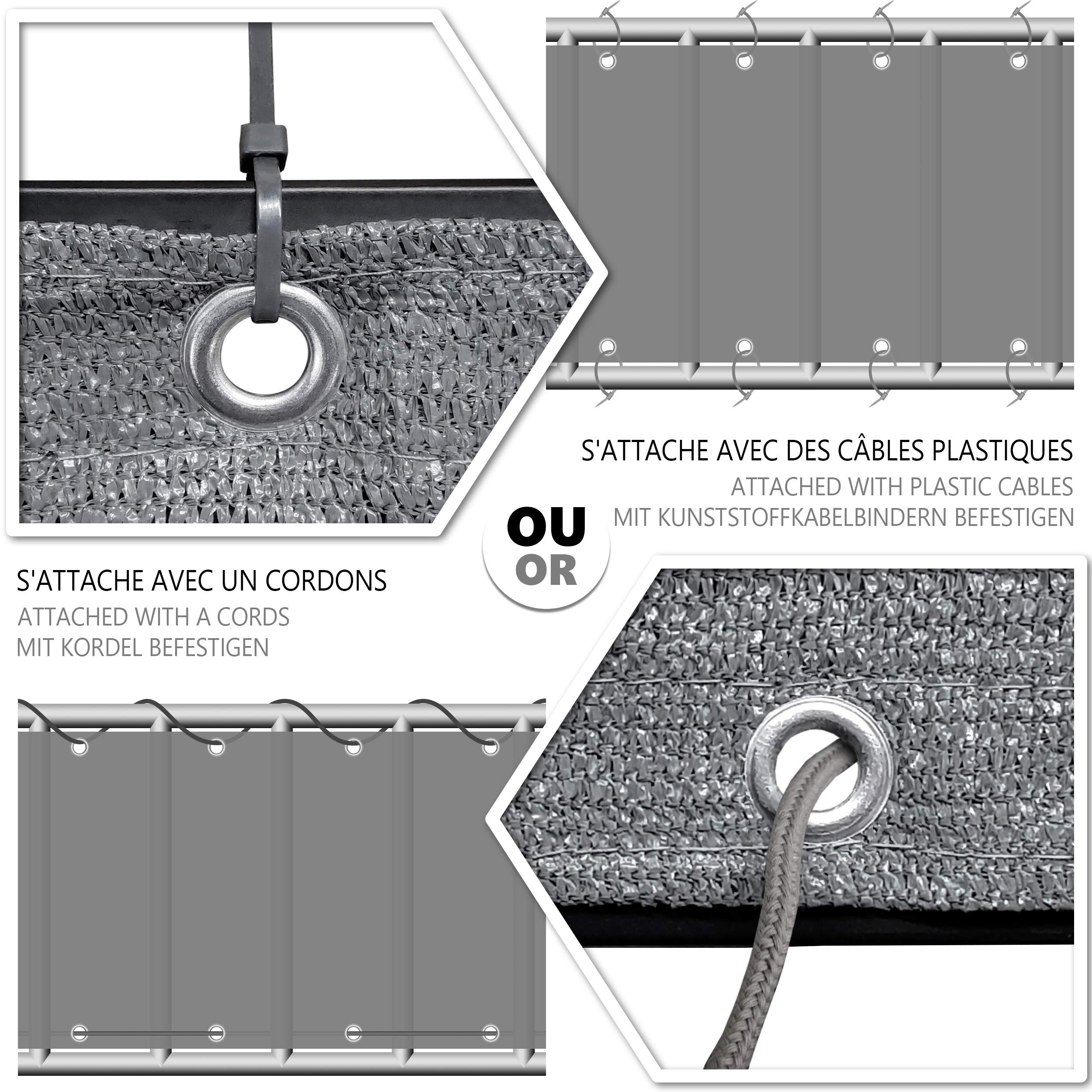VOUNOT® Pantalla Protección de Privacidad para Balcón Jardín, HDPE, Protección UV, con Cuerda y Bridas, Gris, 600x90cm
