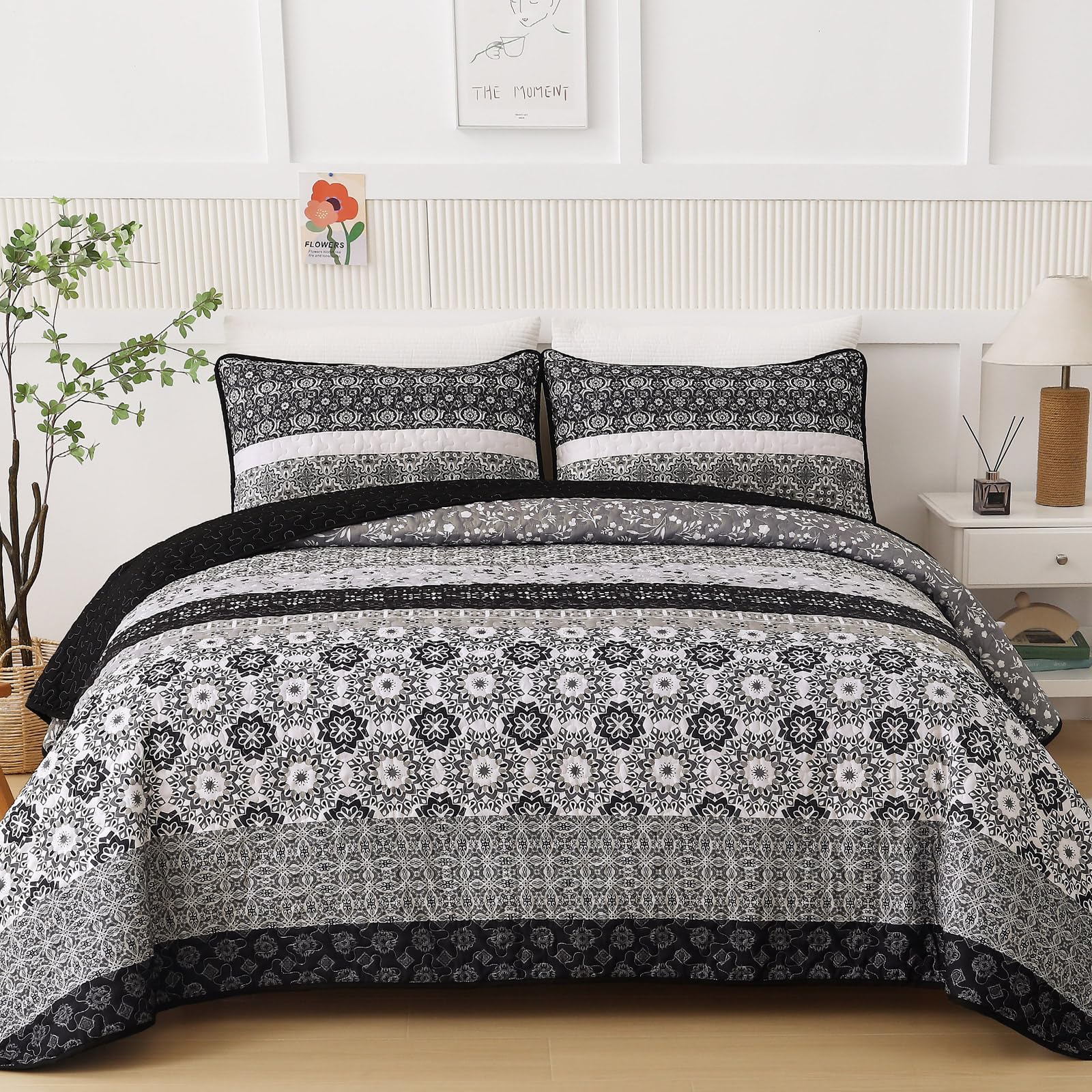 Parure de lit bohème à patchwork noir 3 pièces en microfibre double Wongs Bedding