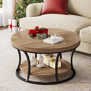 Round Coffee Table for Living Room, 2-Tier Circle Coffee Table with Storage, Accent Center Table Modern Design, Wooden Grain and Black