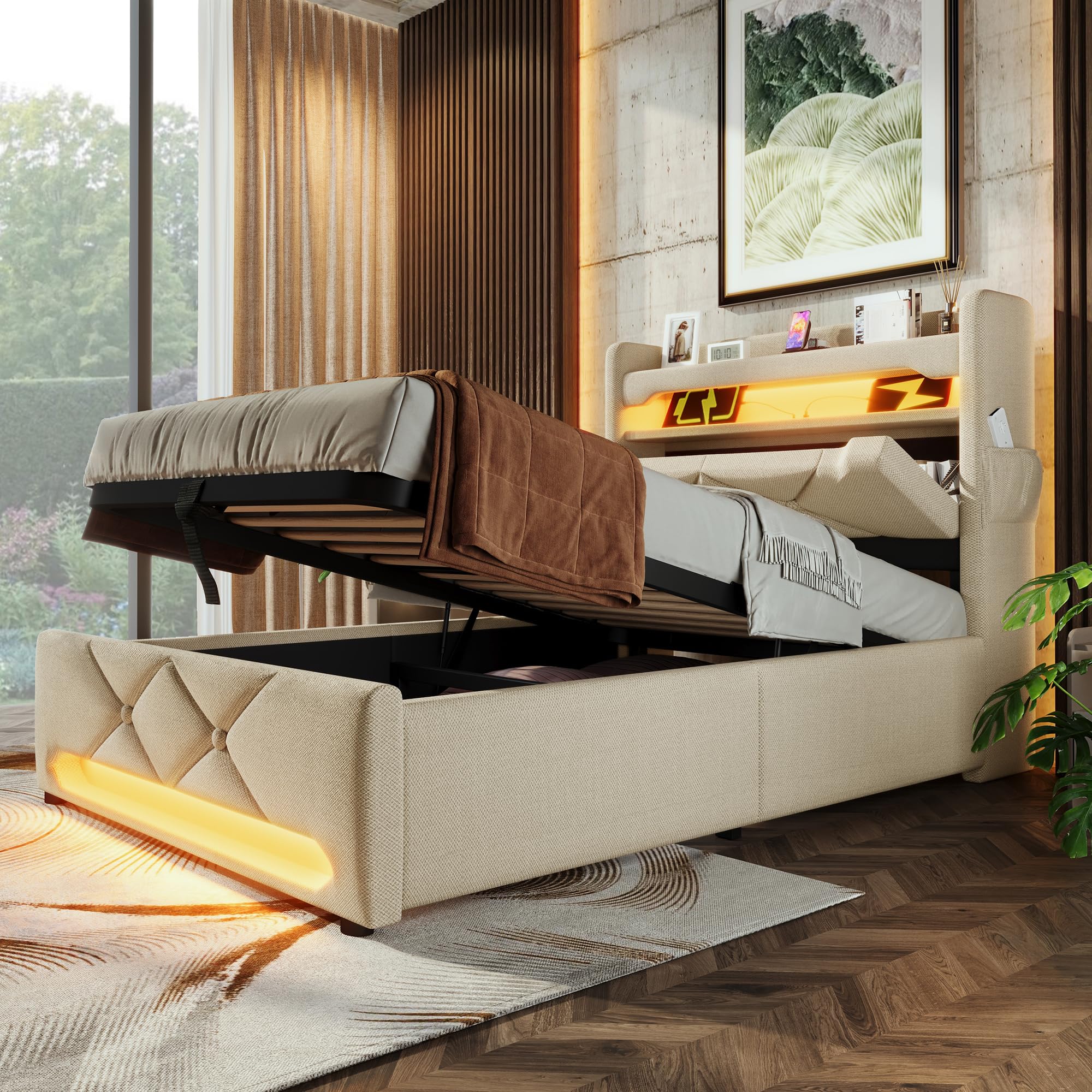 Lit 1 Place Et Demi Lit Coffre PUGSDRLY 90x200cm - Rangement Hydraulique, LED Bluetooth, Ports USB/Type-C Lit Avec Lumières Intégrées