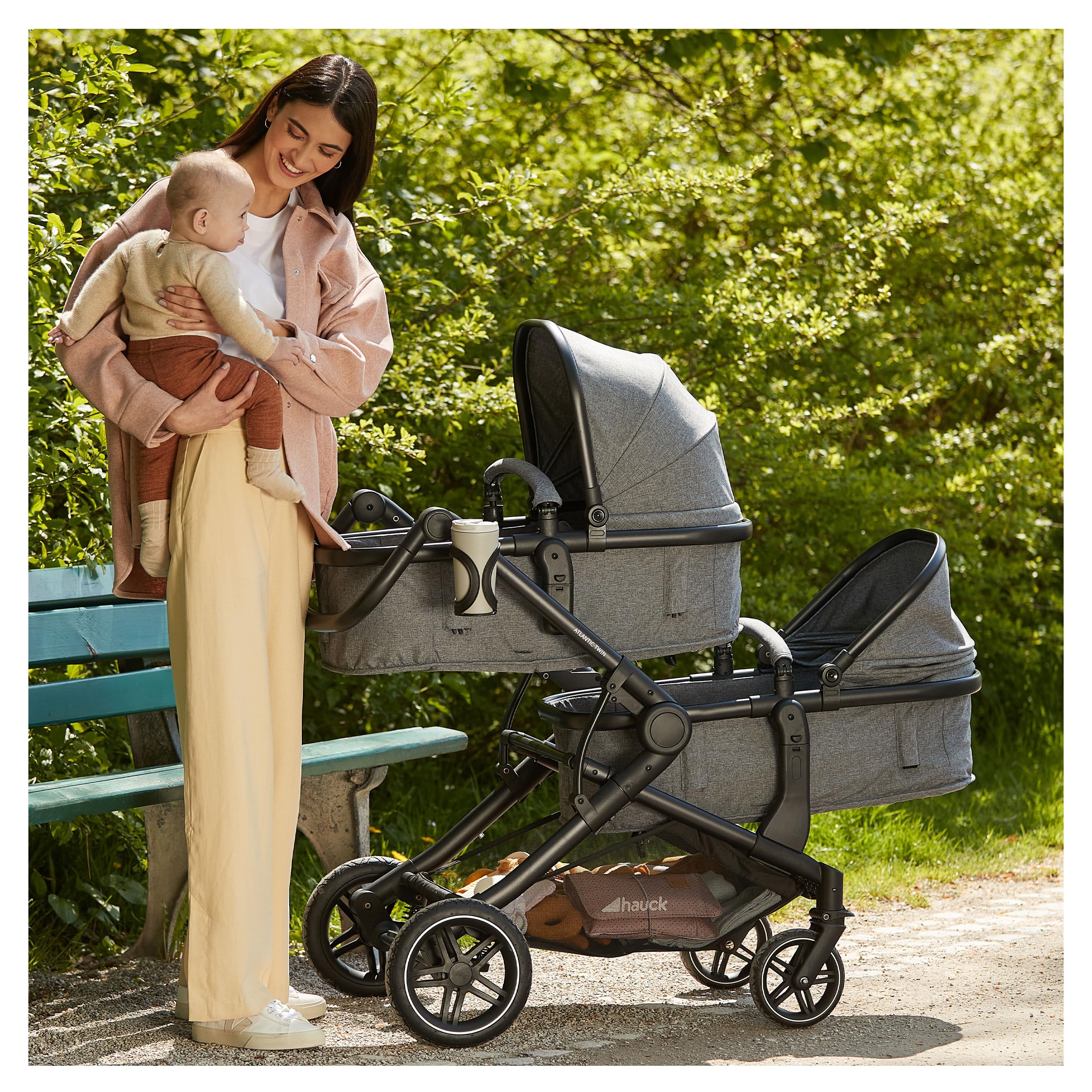 hauck Zwillingskinderwagen Atlantic Twin ab Geburt | 2 Babywannen zu drehbaren Sportsitzen mit Liegeposition | Geschwisterwagen mit Insektennetz & Sonnensegel UV50+ – Melange Grey