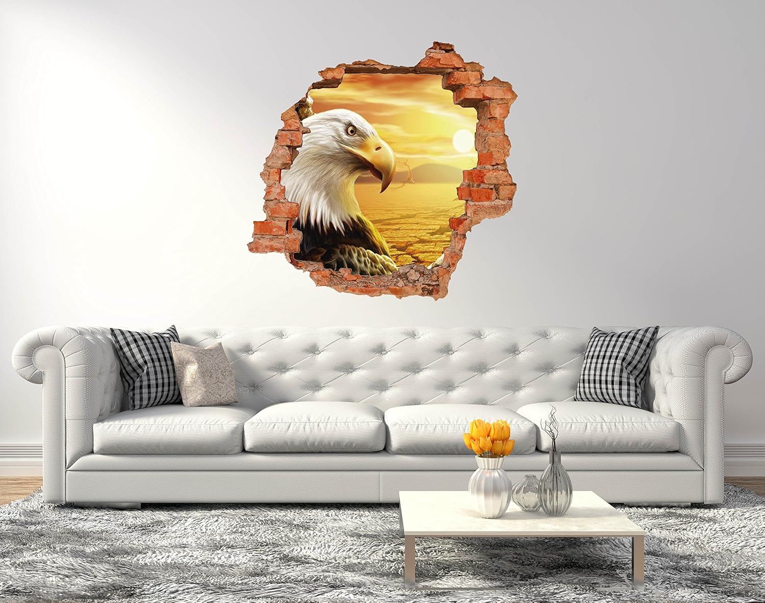 Eagle & Sun Landscape - 3D Smashed Effect Series - Wall Decal for Home Bedroom (Wide 30"x29" Height)