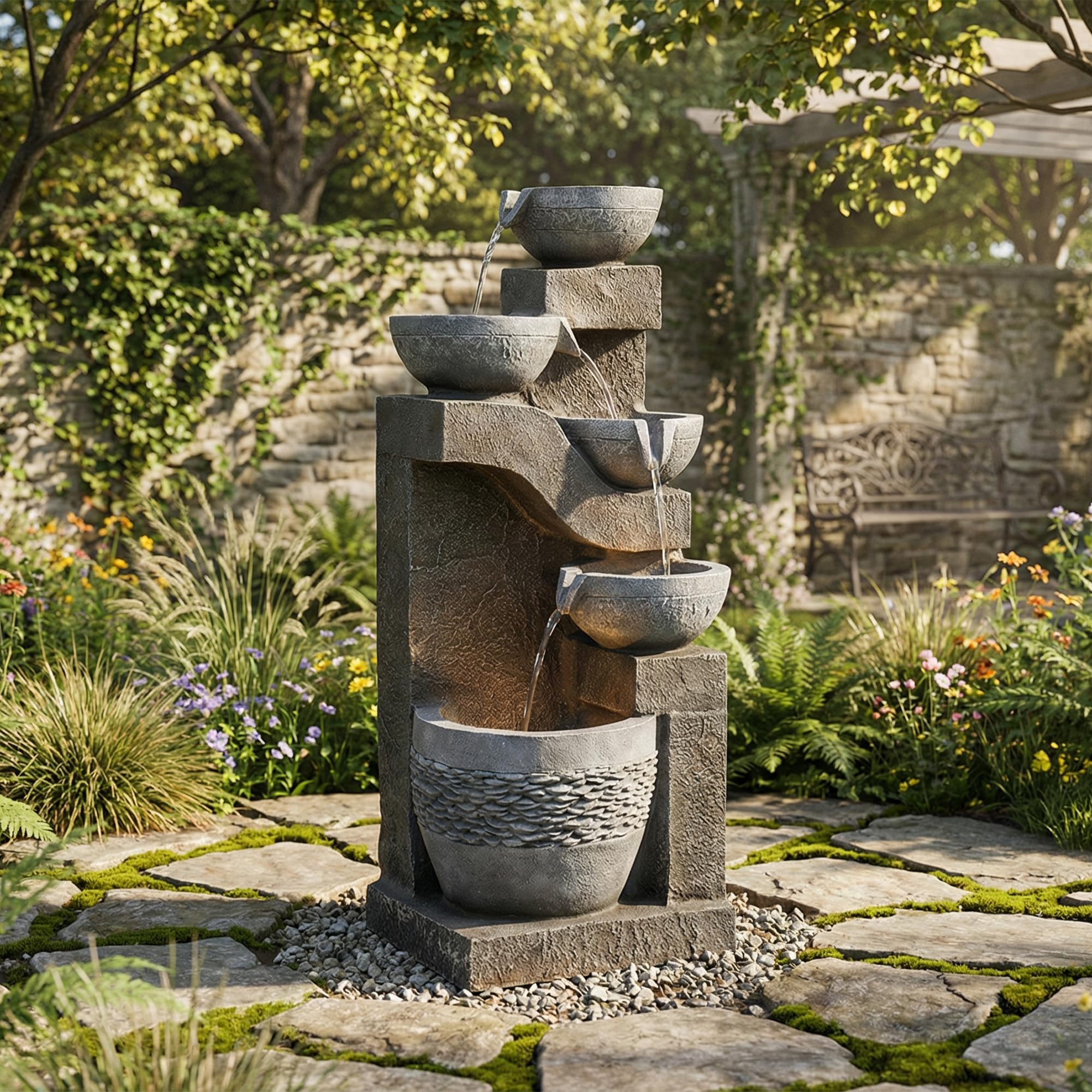 Fuente de Agua para Jardín y Exteriores, Fuente de Jardín con Iluminación LED, Cascada de 5 Niveles para Patio, Fuente Decorativa con Bombas, Decoración de Interior para Terraza, Gris