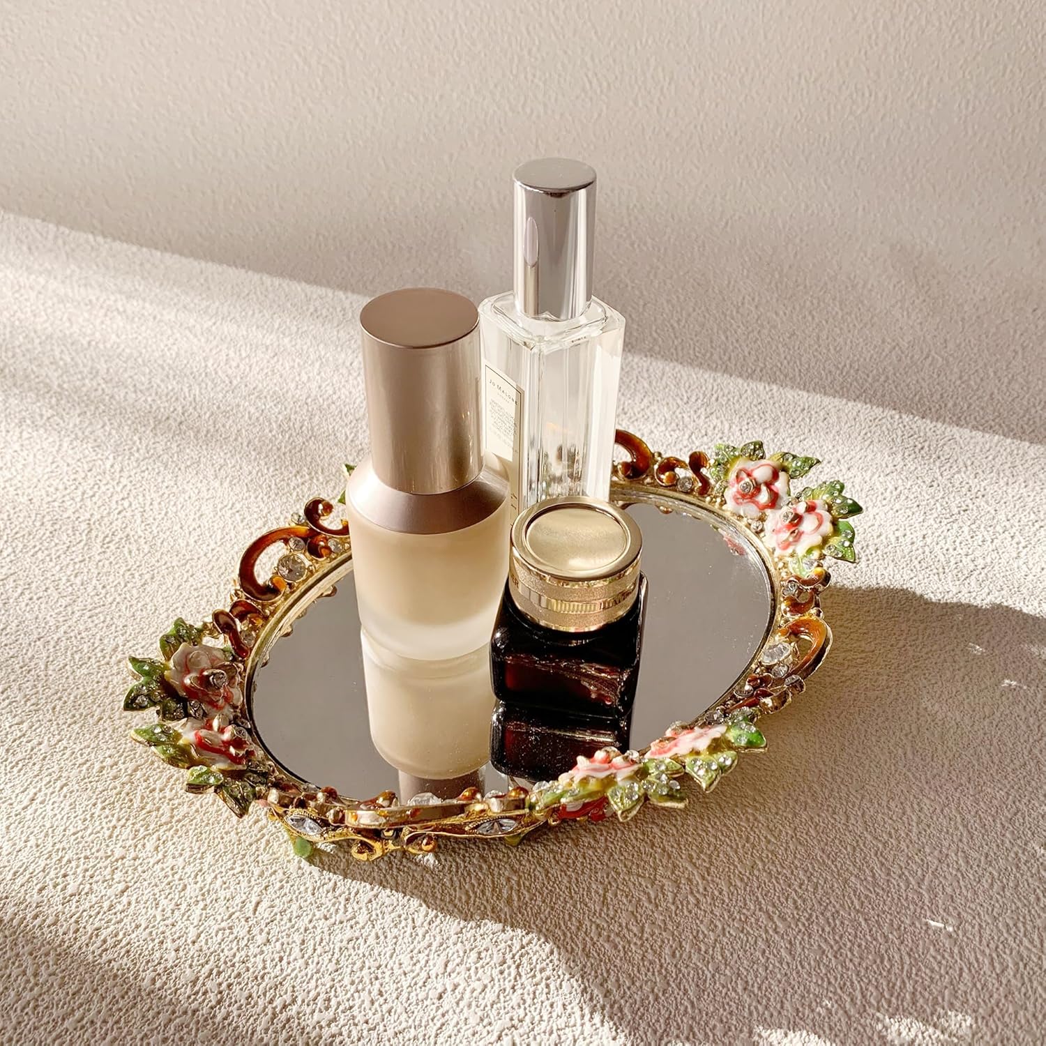 Gold Mirror Vanity Tray, Hand Painted Decorative Jewelry Tray, Metal Makeup Tray for Vanity, Dresser, Countertop - Image 4