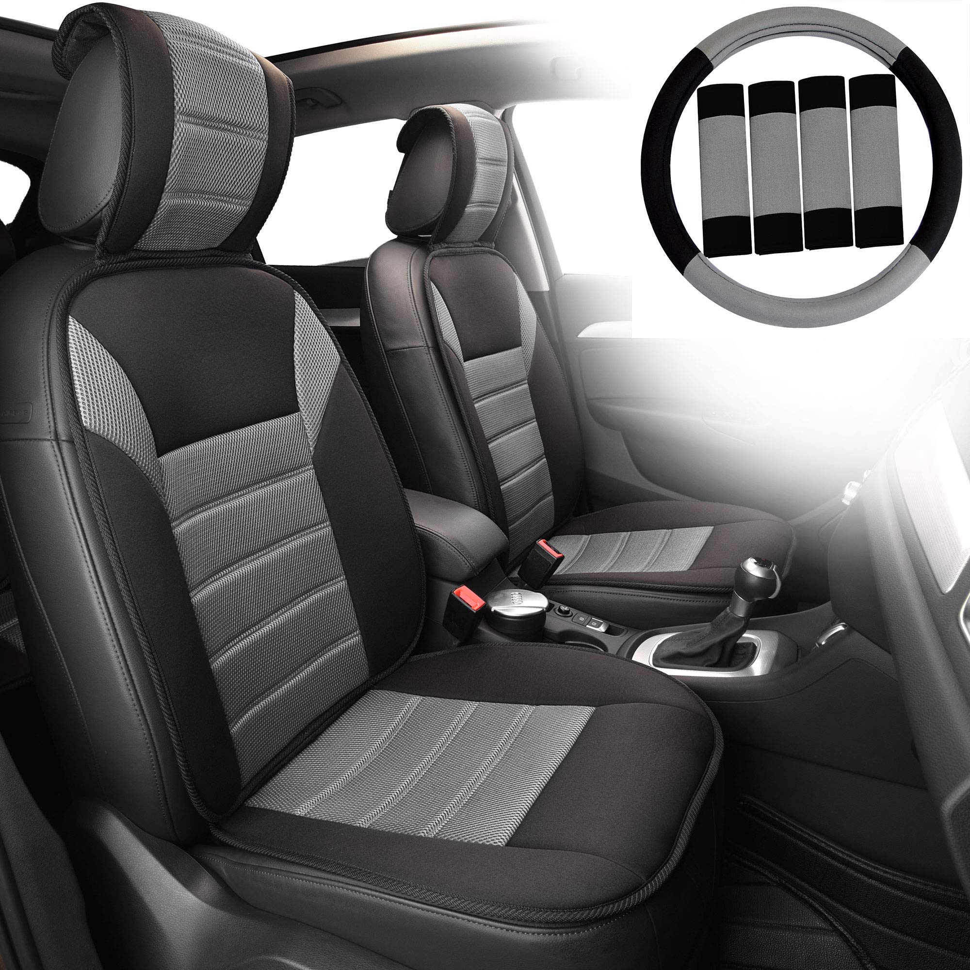 TLH Premium Fabric Car Seat Cushion Pads Front Set, Airbag Compatible-Universal Fit for Cars, Auto, Trucks, SUV (Gray-Combo)