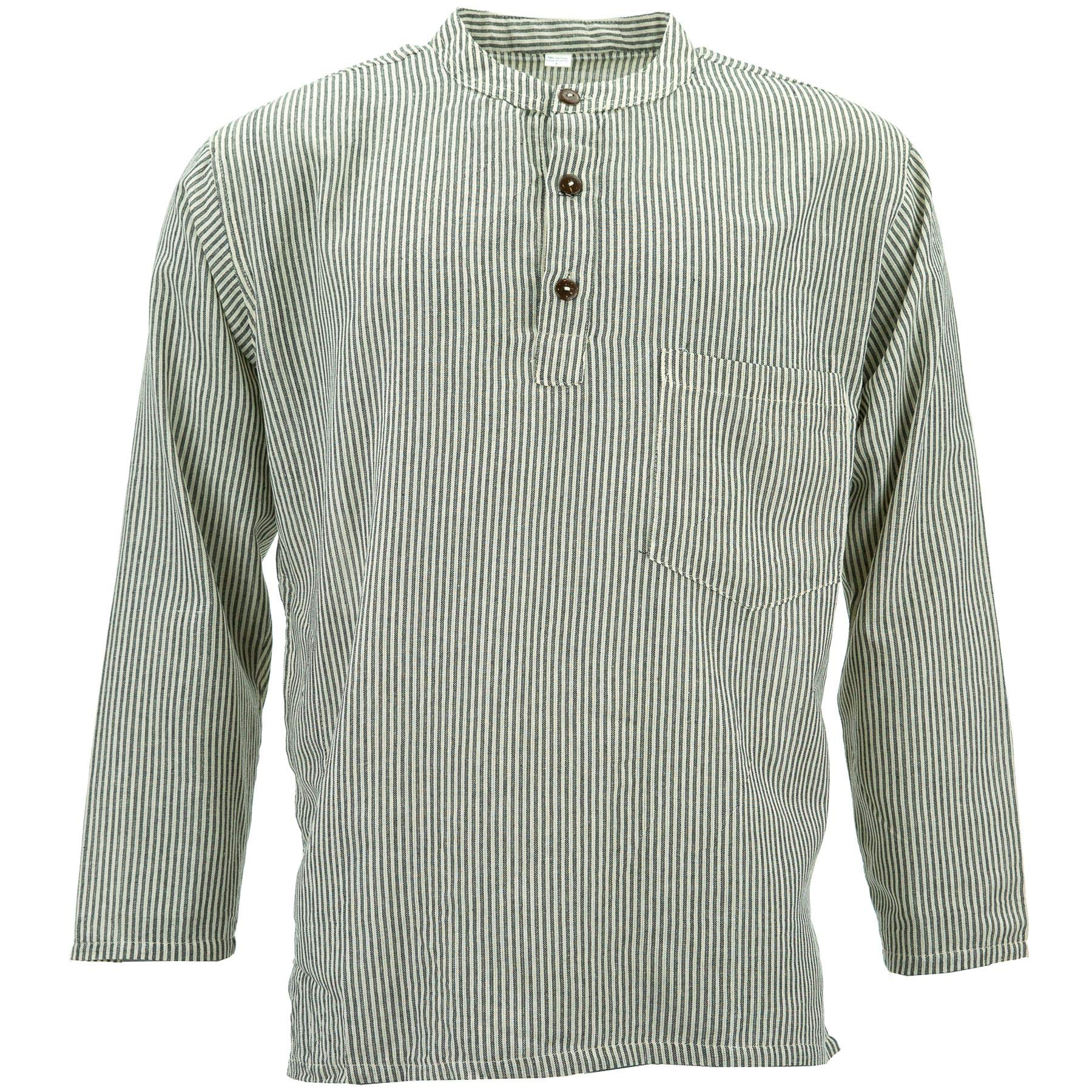 Loudelephant Cream Black Stripe Cotton Grandad Collar Shirt - (Large)