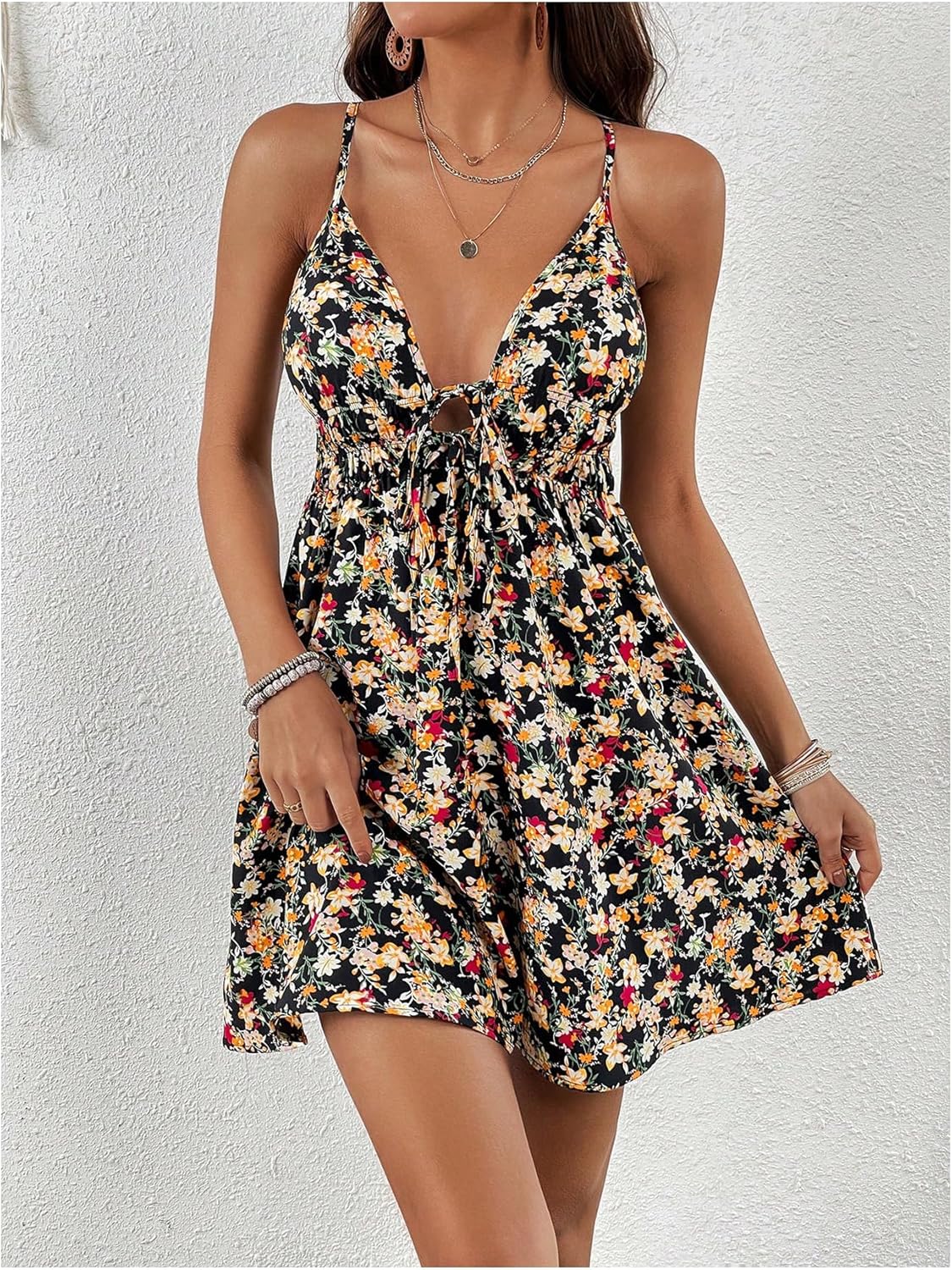 Milumia Women's V Neck Floral Cami Dress Cut Out Tie Front Criss Cross Backless Short Dresses - Image 4
