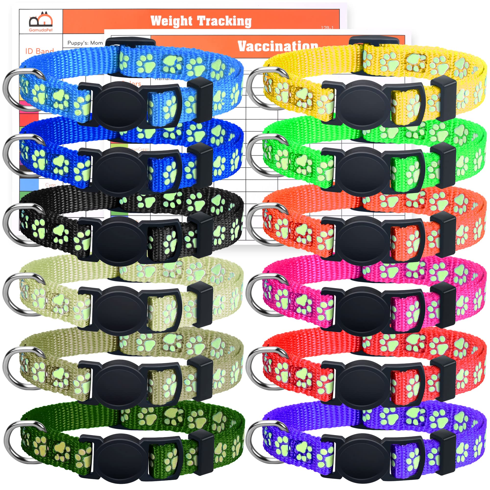 GAMUDA 12Pcs Reflective Puppy Collars, Soft Nylon Whelping Collars, Identification Collars Glow in the Dark, Adjustable Breakaway Litter Collars with 2 Record Keeping Charts (Reflective, S)
