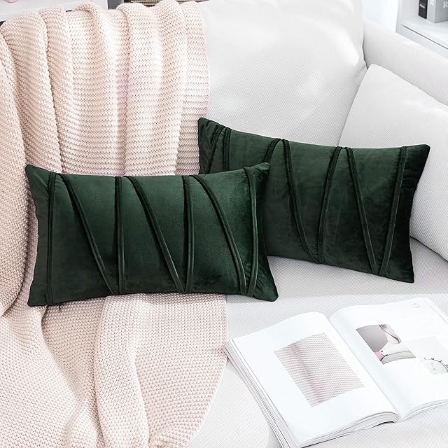 MIULEE Striped Velvet Cushion Cover Soft Solid Decorative Rectangle Pillow Case Throw for Sofa Couch Bedroom with Invisible Zipper 2 Pieces 12"x20" 30x50cm Dark Green