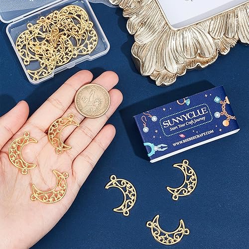 Miniatura 3 de SUNNYCLUE 1 caja de 20 dijes de luna creciente con conector de luna creciente, bisel con parte trasera abierta, dijes huecos de aleación dorada para