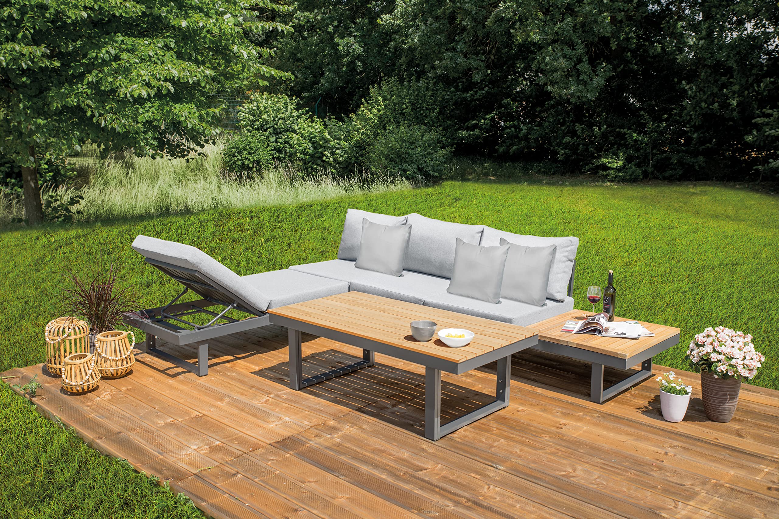 greemotion Salon de Jardin Modulable San José, Mobilier de Jardin en Aluminium 5 Places, Canapé d’Angle Extérieur et Table, Coussins Inclus, Anthracite
